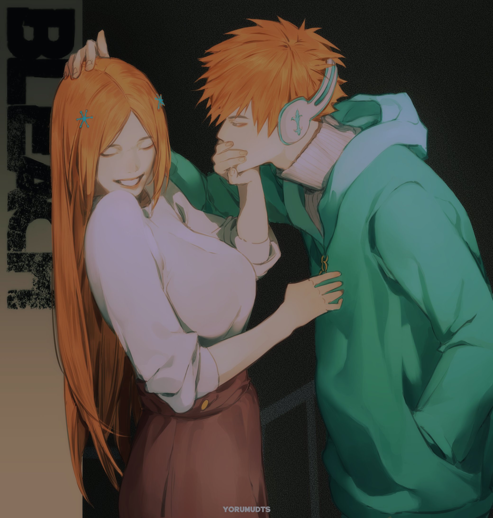yorumudts, inoue orihime, kurosaki ichigo, bleach, highres, 1boy, 1girl, aqua hoodie, artist name, breasts, brown skirt, closed eyes, copyright name, couple, covering another's mouth, cowboy shot, hair between eyes, hair ornament, hand in pocket, hand on another's head, hand over another's mouth, headphones, hetero, hood, hood down, hoodie, large breasts, long hair, looking at another, orange hair, parted bangs, parted lips, shirt, short hair, skirt, smile, snowflake hair ornament, sweater, turtleneck, turtleneck sweater, white shirt, white sweater