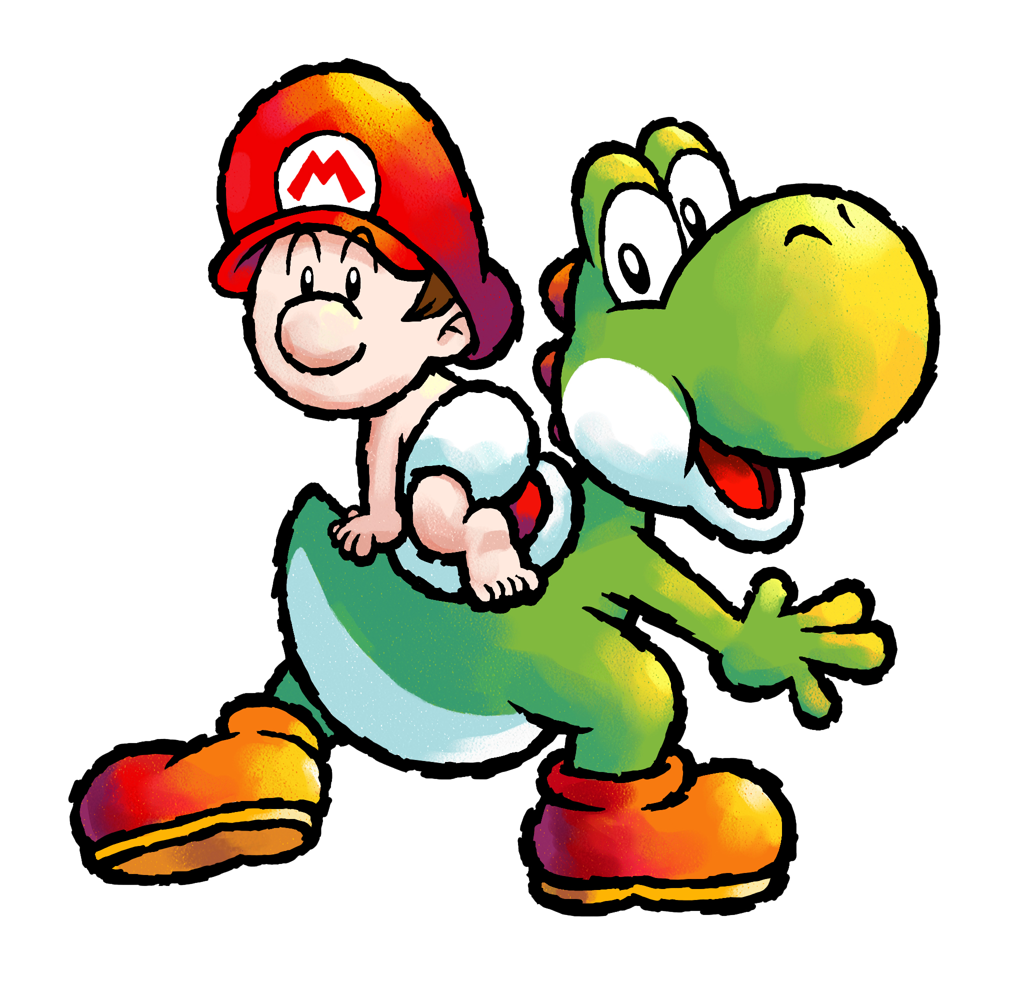 baby mario, mario, yoshi, mario (series), nintendo, yoshi's island ds, highres, official art, third-party source, 2boys, baby, boots, brown boots, brown hair, colored skin, diaper, green skin, green yoshi, hat, looking at viewer, multiple boys, open mouth, short hair, simple background, white background