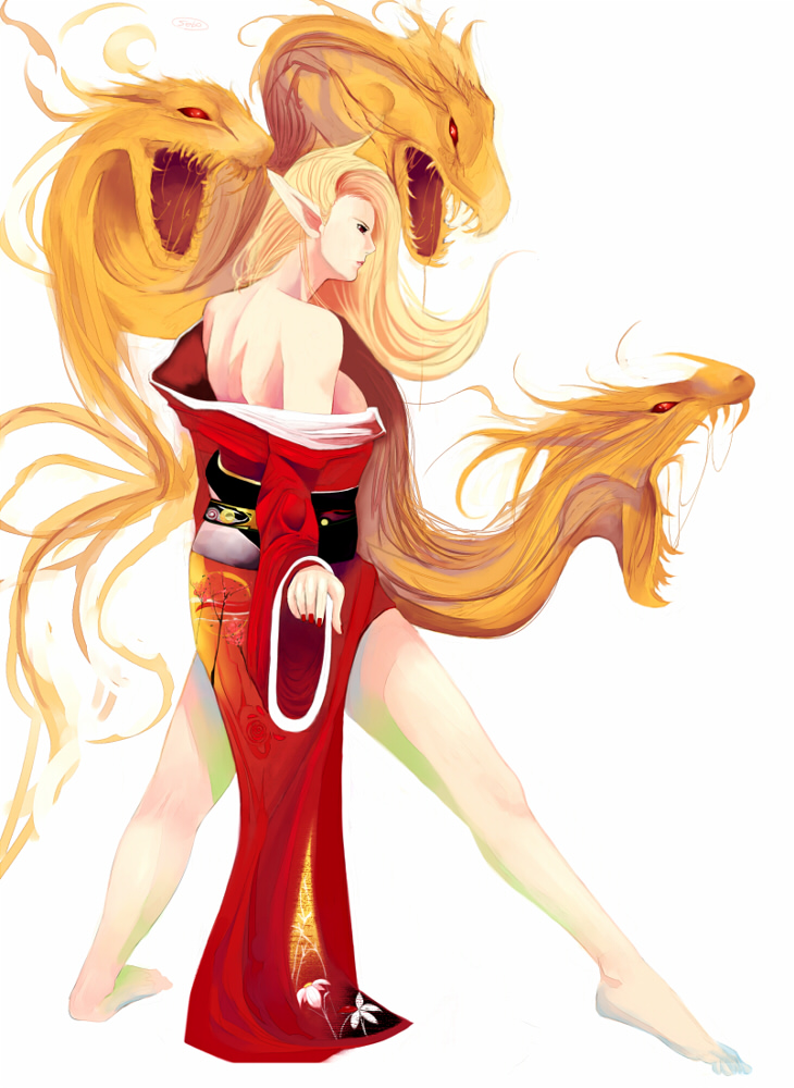 cevoy, byunei, romancing saga 3, saga, 1girl, bare shoulders, barefoot, blonde hair, breasts, demon girl, dragon, female focus, japanese clothes, kimono, long hair, medium breasts, monster girl, open clothes, open kimono, pointy ears, red eyes, sideboob, solo, spirits