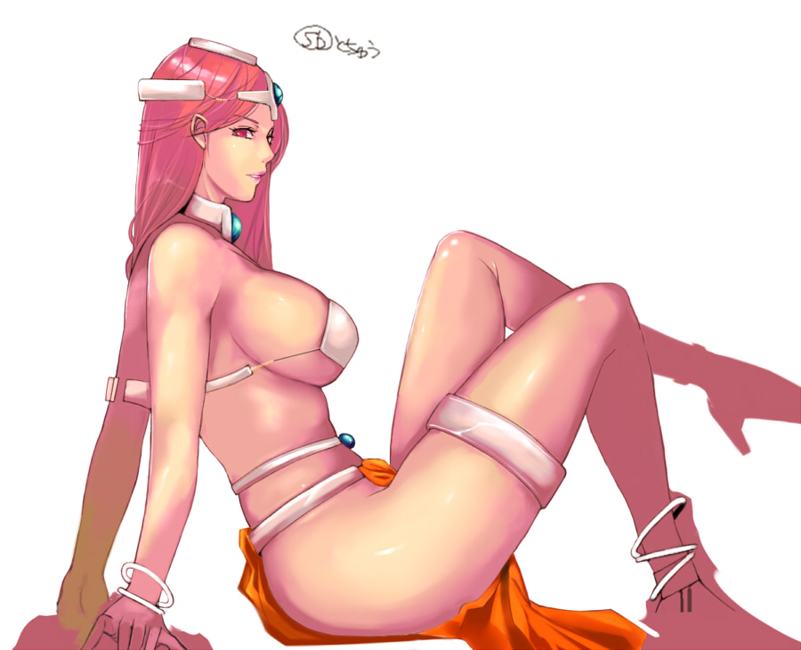 cevoy, manya (dq4), chunsoft, dragon quest, dragon quest iv, enix, 1girl, arm support, breasts, circlet, female focus, large breasts, legs, long hair, pelvic curtain, pink hair, sideboob, sitting, solo
