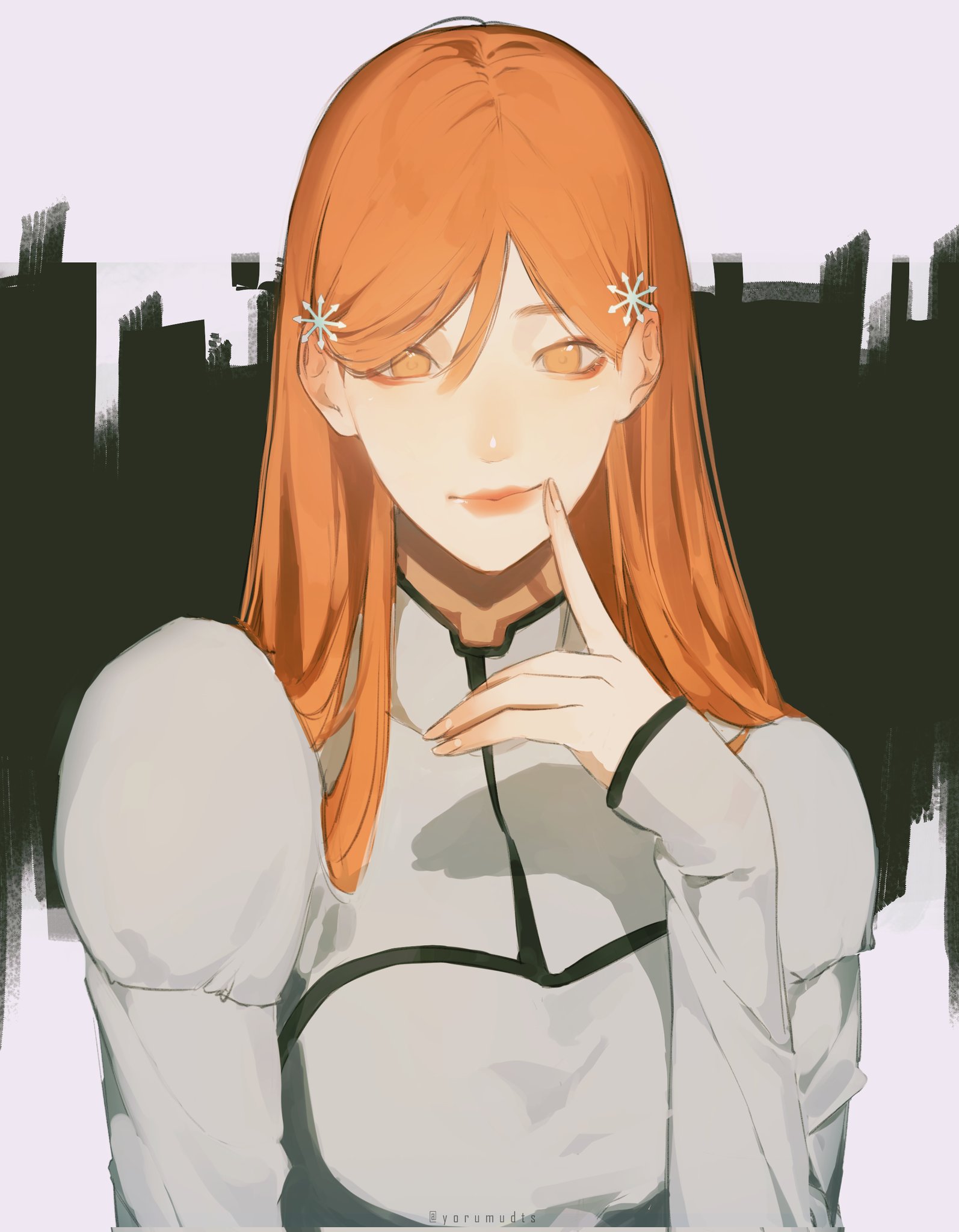 yorumudts, inoue orihime, bleach, highres, 1girl, artist name, breasts, closed mouth, finger to mouth, hair between eyes, hair ornament, long hair, long sleeves, looking at viewer, medium breasts, orange eyes, orange hair, shirt, sleeves past wrists, snowflake hair ornament, solo, straight hair, twitter username, upper body, white shirt