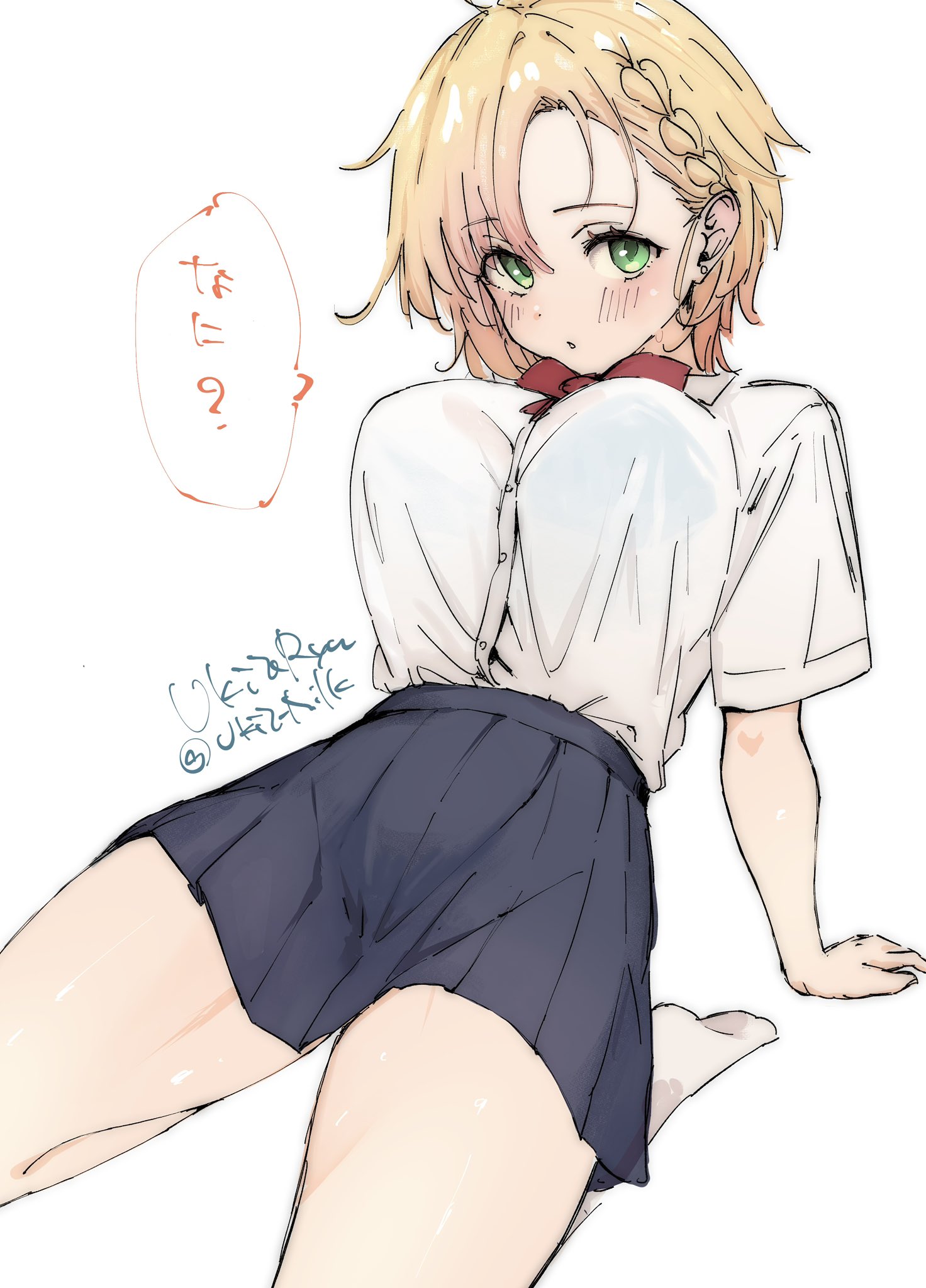 ukitaryu, childhood friend (ukitaryu), original, highres, 1girl, :o, arm support, asymmetrical bangs, blonde hair, blush, bow, bowtie, bra visible through clothes, braid, braided bangs, breasts, dress shirt, green eyes, large breasts, leaning back, looking at viewer, miniskirt, red bow, red bowtie, school uniform, see-through clothes, shirt, shirt tucked in, short hair, short sleeves, simple background, skirt, solo, speech bubble, squatting, twitter username, white background, white shirt