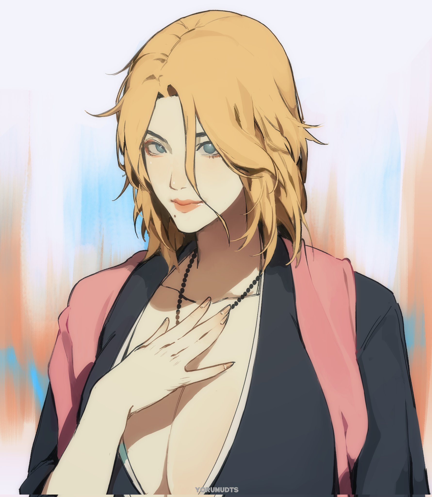 yorumudts, matsumoto rangiku, bleach, bleach: sennen kessen-hen, highres, 1girl, black kimono, blonde hair, blue eyes, breasts, cleavage, hair between eyes, hand on own chest, japanese clothes, jewelry, kimono, large breasts, medium hair, mole, mole under mouth, necklace, parted bangs, pink scarf, plunging neckline, scarf, shihakusho, solo, upper body