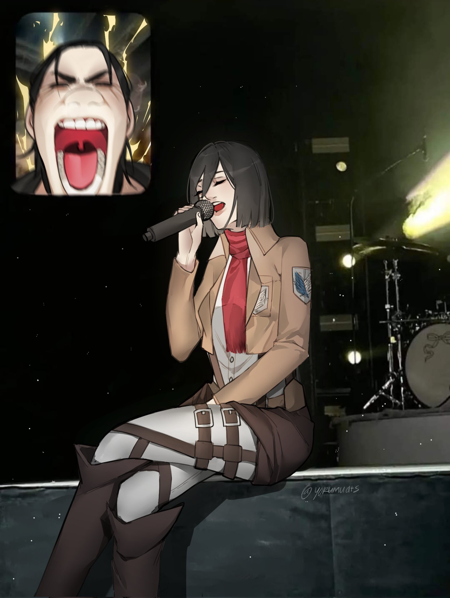 yorumudts, eren yeager, mikasa ackerman, shingeki no kyojin, derivative work, highres, 1boy, 1girl, black hair, blunt ends, breasts, brown jacket, closed eyes, cropped jacket, crossed legs, drum, drum set, facial mark, fan screaming at madison beer (meme), furrowed brow, hair between eyes, holding, holding microphone, instrument, jacket, medium breasts, meme, microphone, military jacket, military uniform, music, open mouth, panties, red scarf, scarf, shirt, shouting, singing, sitting, survey corps (emblem), teeth, twitter username, underwear, white panties, white shirt