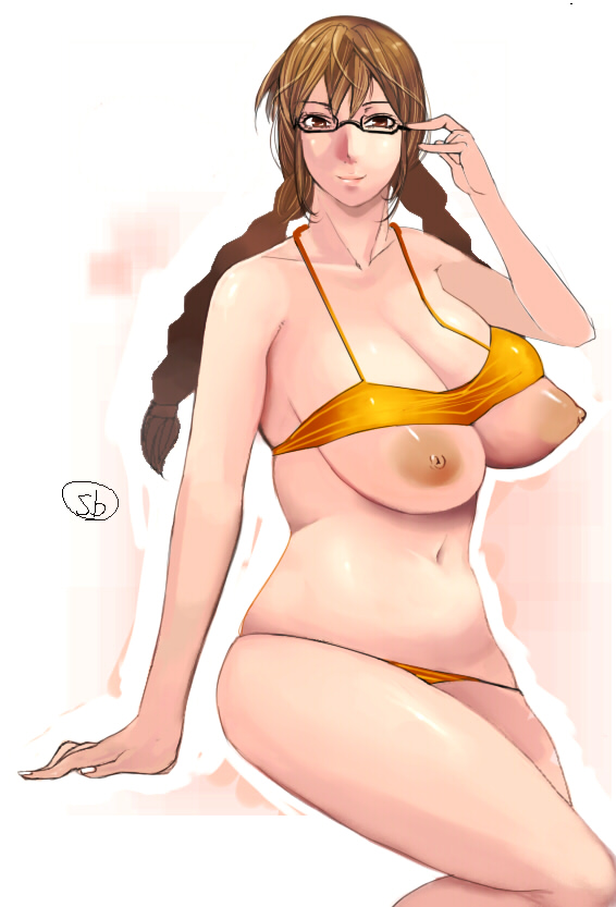 cevoy, adjusting eyewear, bikini, bikini top lift, braid, breasts, brown eyes, brown hair, clothes lift, curvy, glasses, large breasts, long hair, nipples, smile, swimsuit, twin braids