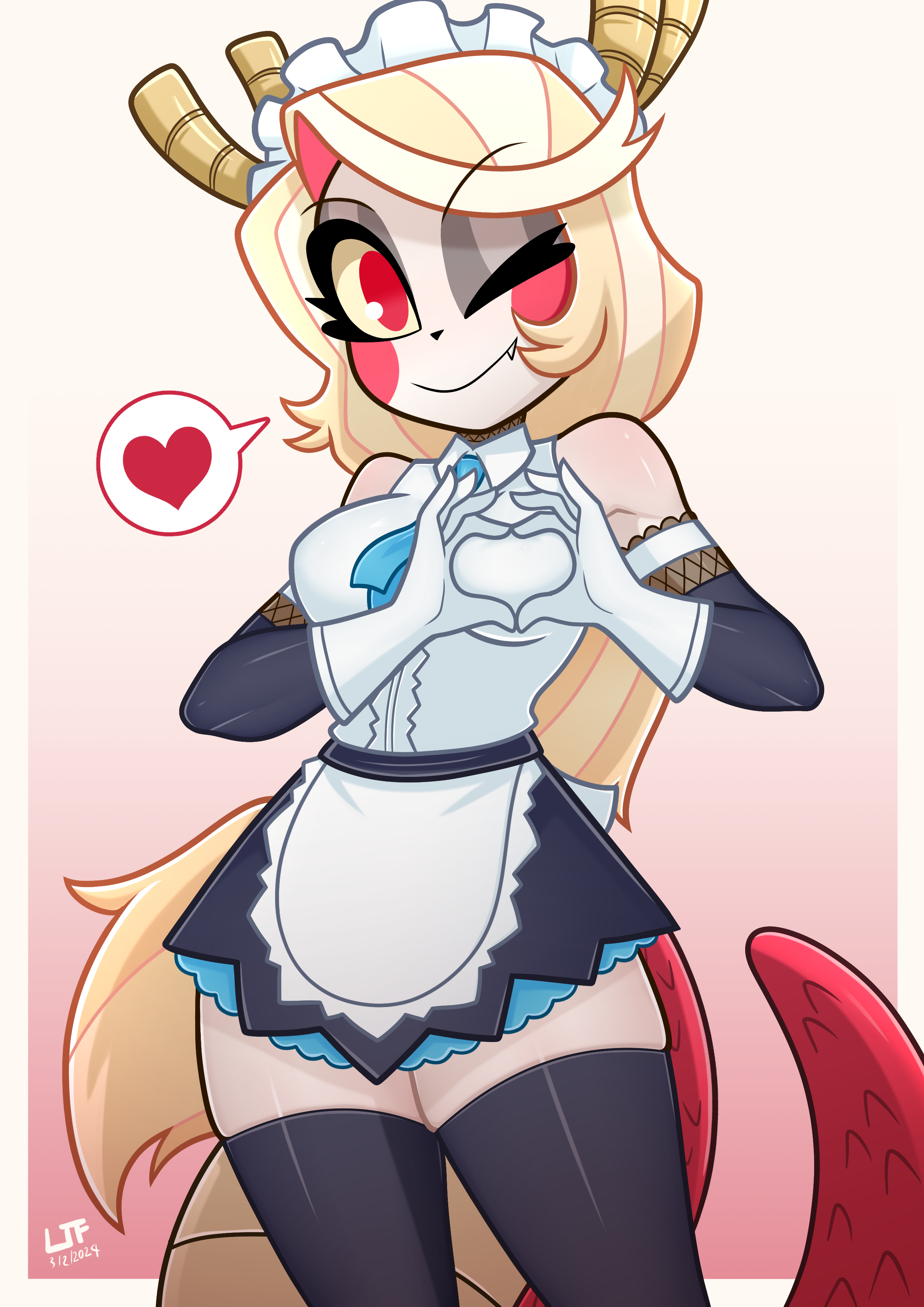 lezakit, charlie morningstar, tohru (maidragon), hazbin hotel, hellaverse, kobayashi-san chi no maidragon, variant set, 1girl, apron, bare shoulders, black eyeshadow, black thighhighs, blonde hair, blue necktie, blue skirt, blue sleeves, breasts, closed mouth, colored sclera, colored skin, dated, demon girl, detached sleeves, dragon girl, dragon horns, dragon tail, eyelashes, eyeshadow, fang, feet out of frame, female focus, gloves, gradient background, heart, heart hands, horns, long hair, looking at viewer, low ponytail, maid headdress, makeup, medium breasts, necktie, one eye closed, ponytail, red background, red eyes, shirt, simple background, skirt, sleeveless, sleeveless shirt, smile, solo, tail, thighhighs, tohru (maidragon) (cosplay), two-tone background, white apron, white background, white gloves, white shirt, white skin, yellow sclera
