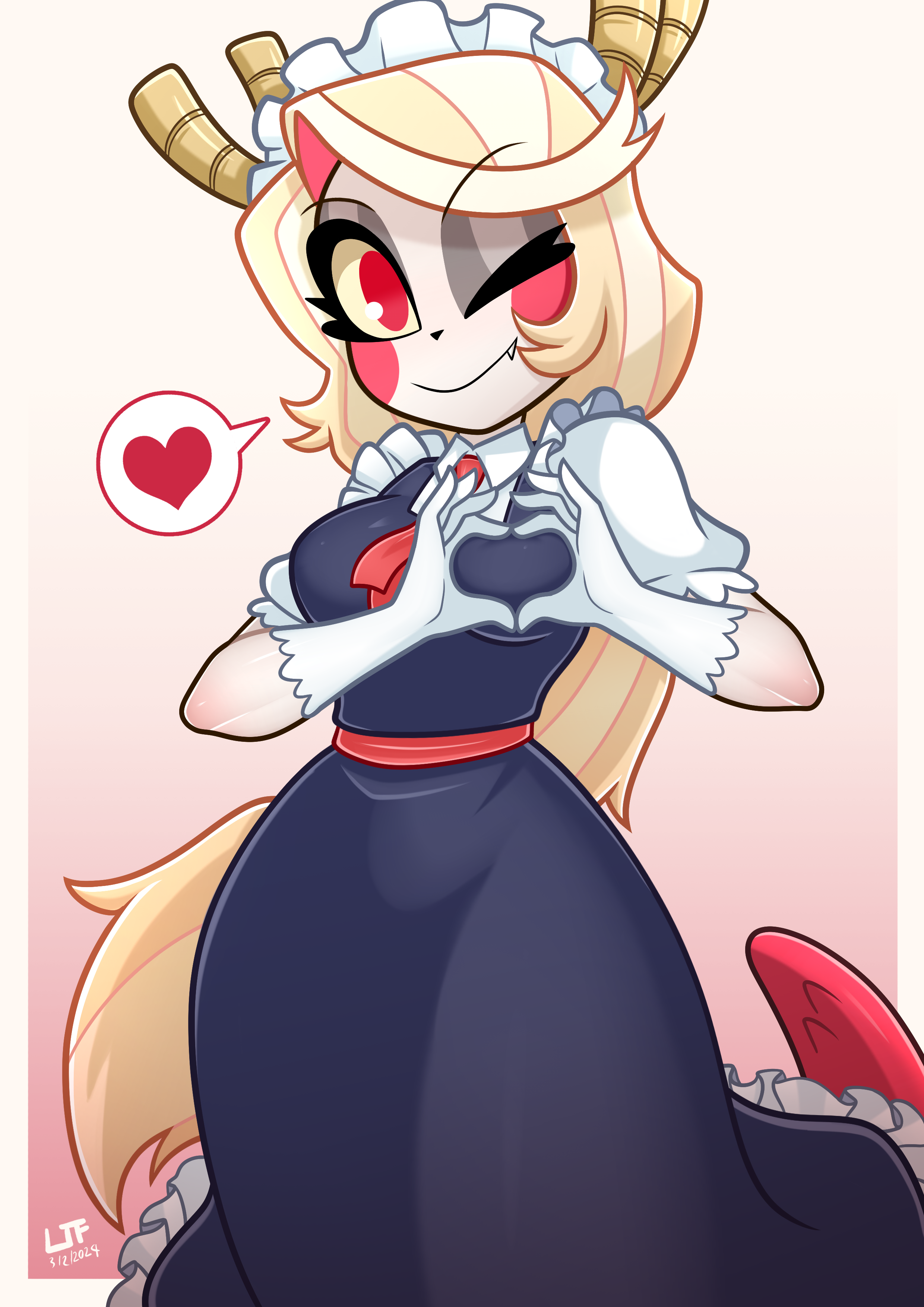 lezakit, charlie morningstar, tohru (maidragon), hazbin hotel, hellaverse, kobayashi-san chi no maidragon, variant set, 1girl, black eyeshadow, blonde hair, blue dress, breasts, closed mouth, colored sclera, colored skin, dated, demon girl, dragon girl, dragon horns, dragon tail, dress, eyelashes, eyeshadow, fang, feet out of frame, female focus, gloves, gradient background, heart, heart hands, horns, long hair, looking at viewer, low ponytail, maid, maid headdress, makeup, medium breasts, necktie, one eye closed, ponytail, red background, red eyes, red necktie, shirt, simple background, sleeveless, sleeveless dress, smile, solo, tail, tohru (maidragon) (cosplay), two-tone background, white background, white gloves, white shirt, white skin, yellow sclera