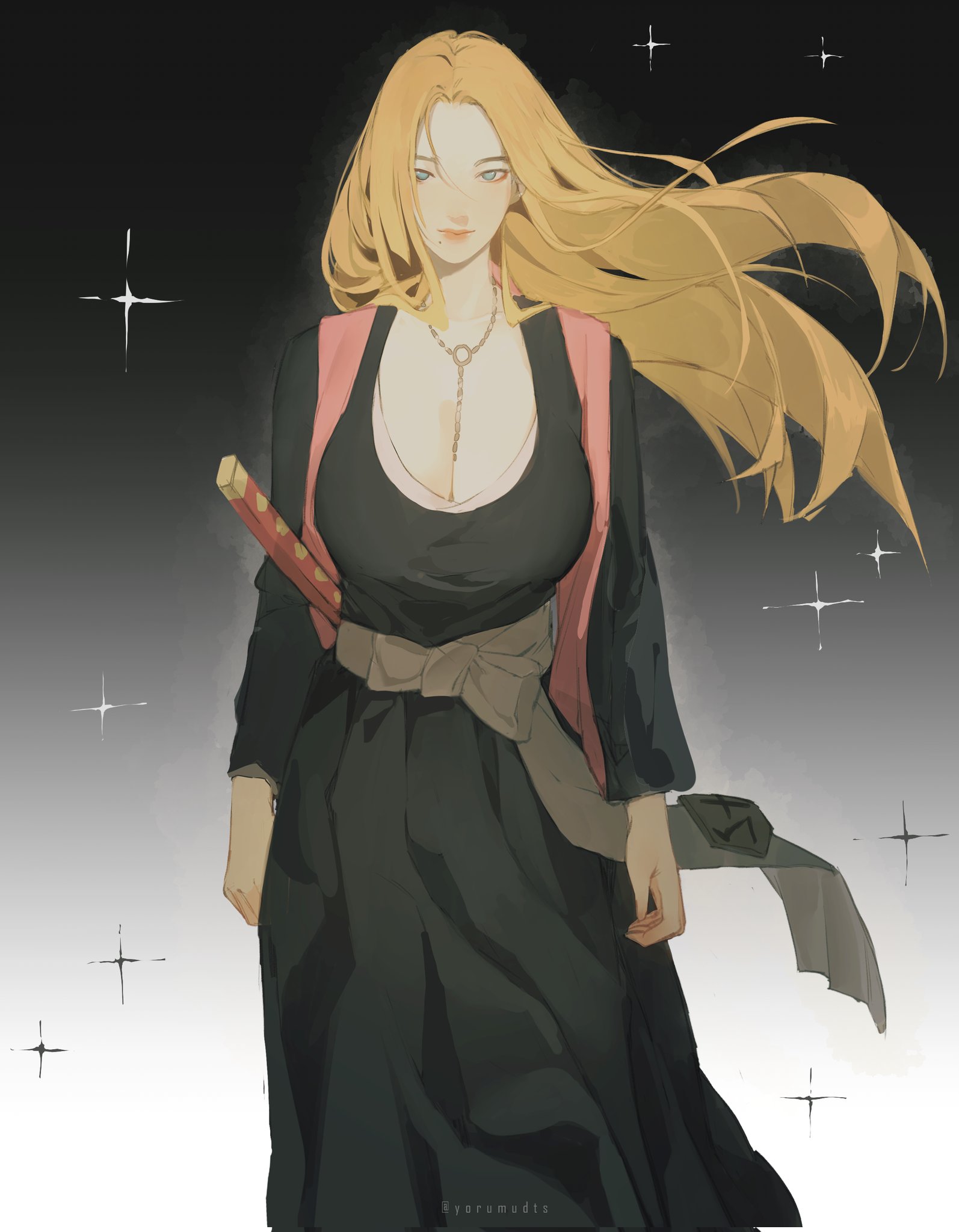 yorumudts, matsumoto rangiku, bleach, highres, 1girl, black kimono, blonde hair, blue eyes, breasts, cleavage, closed mouth, cow, gradient background, japanese clothes, jewelry, katana, kimono, large breasts, long hair, mole, mole under eye, necklace, parted bangs, pink scarf, ring, ring necklace, scarf, shihakusho, sketch, solo, sparkle, sword, twitter username, weapon