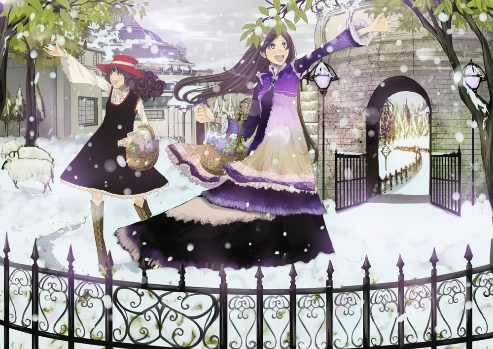 shigureteki, original, brown footwear, bad id, bad pixiv id, 2girls, :d, arch, basket, black dress, black hair, blush, boots, brown hair, building, curly hair, dress, fence, gate, happy, hat, hat ribbon, ironwork, knee boots, lace-up boots, lamppost, layered dress, long hair, long sleeves, looking afar, multicolored dress, multiple girls, open mouth, outdoors, outstretched arm, red hat, ribbon, sheep, sky, smile, snow, snowing, standing, sun hat, tree, winter