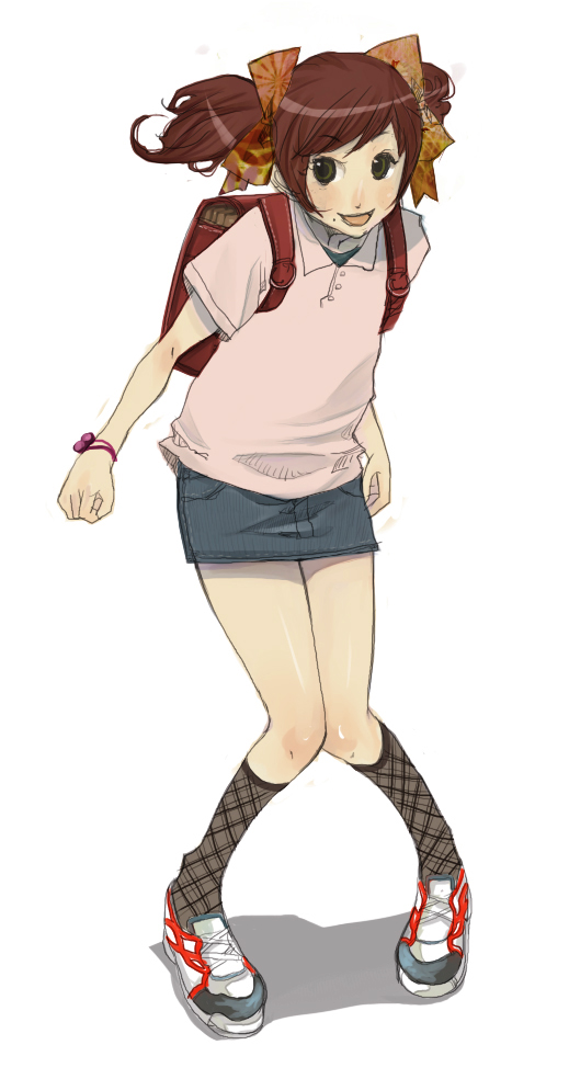 shigureteki, original, bad id, bad pixiv id, 1girl, backpack, bag, blush, brown hair, denim, denim skirt, female focus, green eyes, hair ribbon, leaning forward, legs, miniskirt, mole, mole under mouth, pencil skirt, pigeon-toed, randoseru, ribbon, short twintails, skirt, socks, solo, twintails