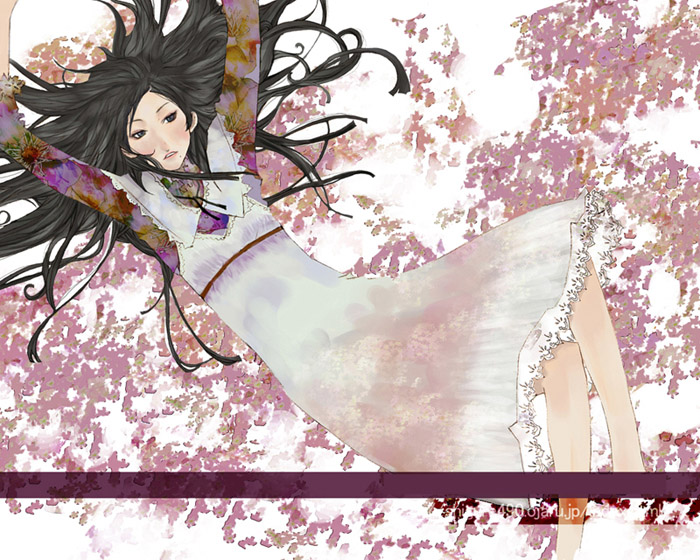 shigureteki, original, black hair, dress, flower, lips, long hair, lying, solo