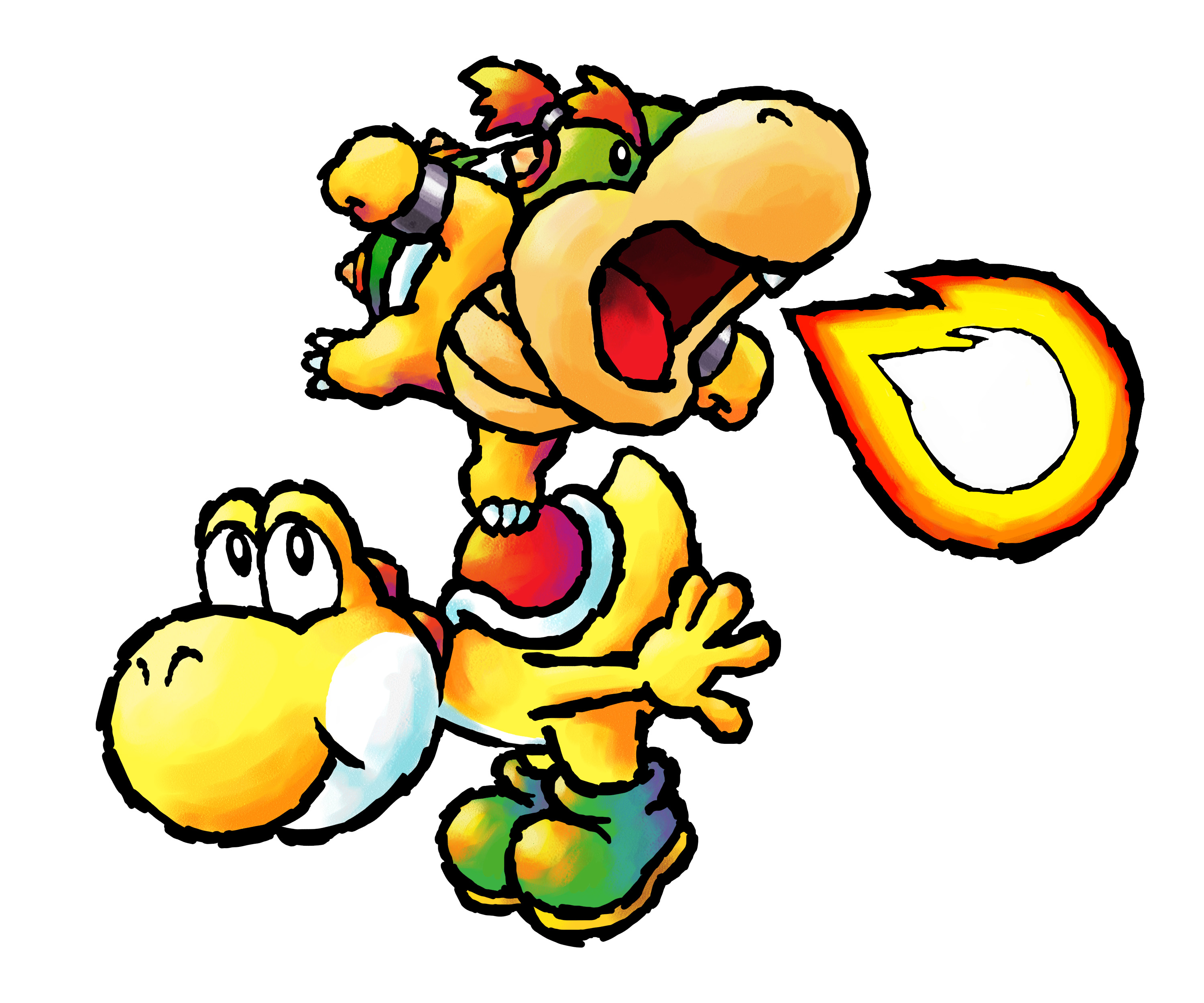 baby bowser, bowser, yellow yoshi, yoshi, mario (series), nintendo, yoshi's island ds, absurdres, highres, official art, third-party source, 2boys, boots, breath weapon, breathing fire, colored skin, fire, fireball, green boots, multiple boys, open mouth, simple background, white background, yellow skin