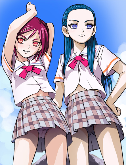 haruyama kazunori, kiryuu kaoru, kiryuu michiru, futari wa precure splash star, precure, 00s, 2girls, armpit peek, blue eyes, blue hair, hair held back, long hair, multiple girls, navel, panties, pantyshot, red eyes, red hair, school uniform, serafuku, short hair, skirt, underwear, white panties, yuunagi middle school uniform