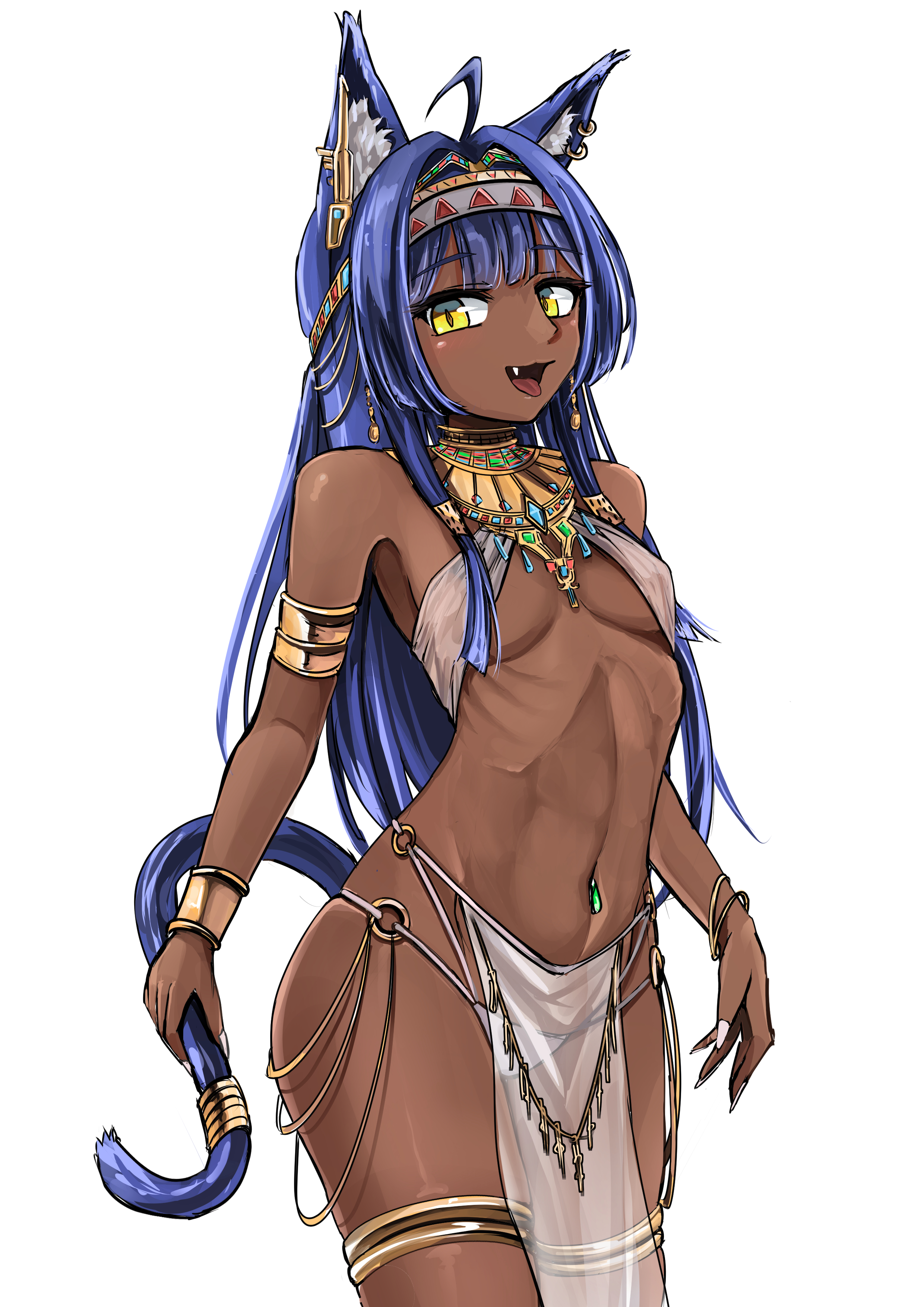 3books, original, gold armlet, absurdres, commentary request, highres, 1girl, ahoge, ancient egyptian clothes, animal ear fluff, animal ears, bikini, bracelet, breasts, cat ears, cat tail, cowboy shot, dark-skinned female, dark skin, earrings, fang, gem, gold bracelet, gold thighlet, green gemstone, hair intakes, hairband, holding own tail, if you want to become a godly artist (trend), jewelry, long hair, looking at viewer, navel piercing, o-ring bikini bottom, open mouth, pelvic curtain, piercing, purple hair, revealing clothes, simple background, sling bikini top, slit pupils, small breasts, solo, standing, swimsuit, tail, usekh collar, white background, white bikini, white hairband, yellow eyes