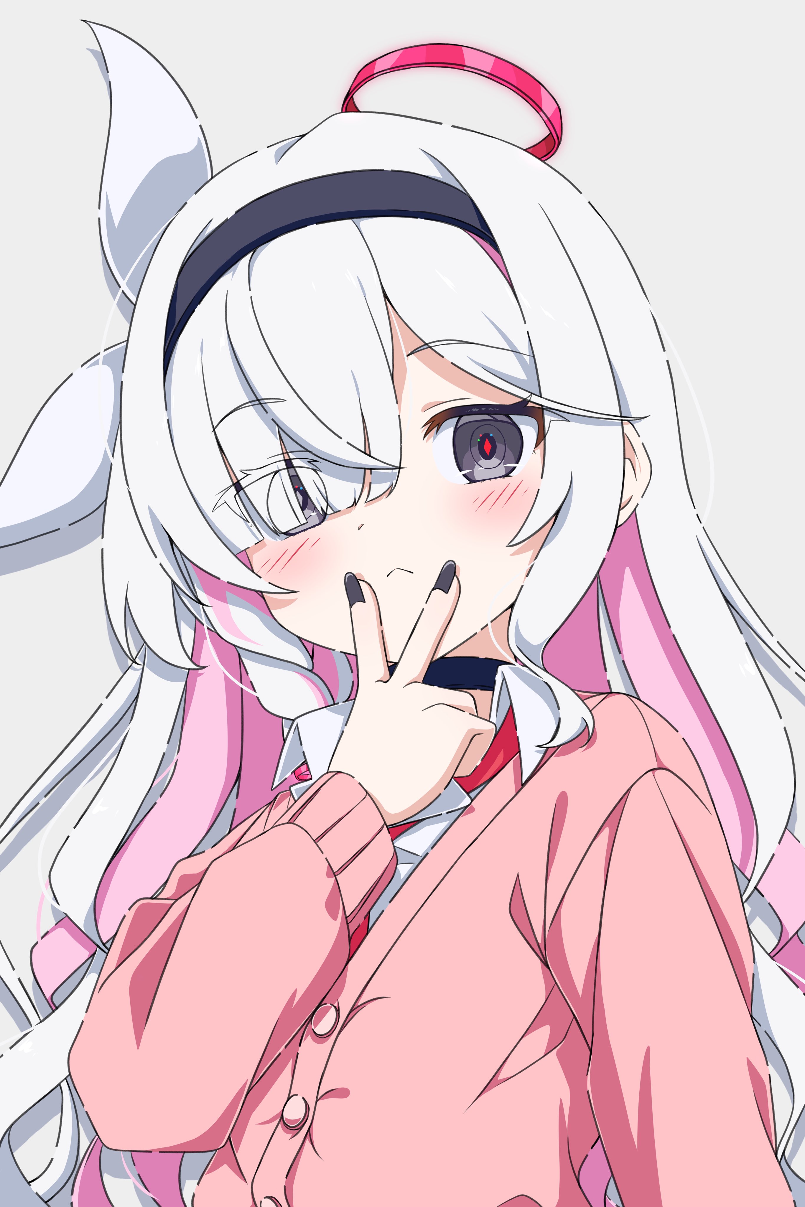 nana01 art, plana (blue archive), blue archive, absurdres, highres, :<, alternate costume, arm up, black eyes, black hairband, black nails, blush, bow, buttons, cardigan, closed mouth, collared shirt, curly hair, eyes visible through hair, fingernails, hair bow, hair over eyes, hairband, halo, jacket, light blush, long hair, long sidelocks, long sleeves, looking at viewer, mismatched pupils, multicolored hair, nail polish, necktie, pink cardigan, pink hair, portrait, red halo, red necktie, red pupils, school uniform, shirt, sidelocks, simple background, v, v over mouth, white background, white bow, white hair, white sleeves