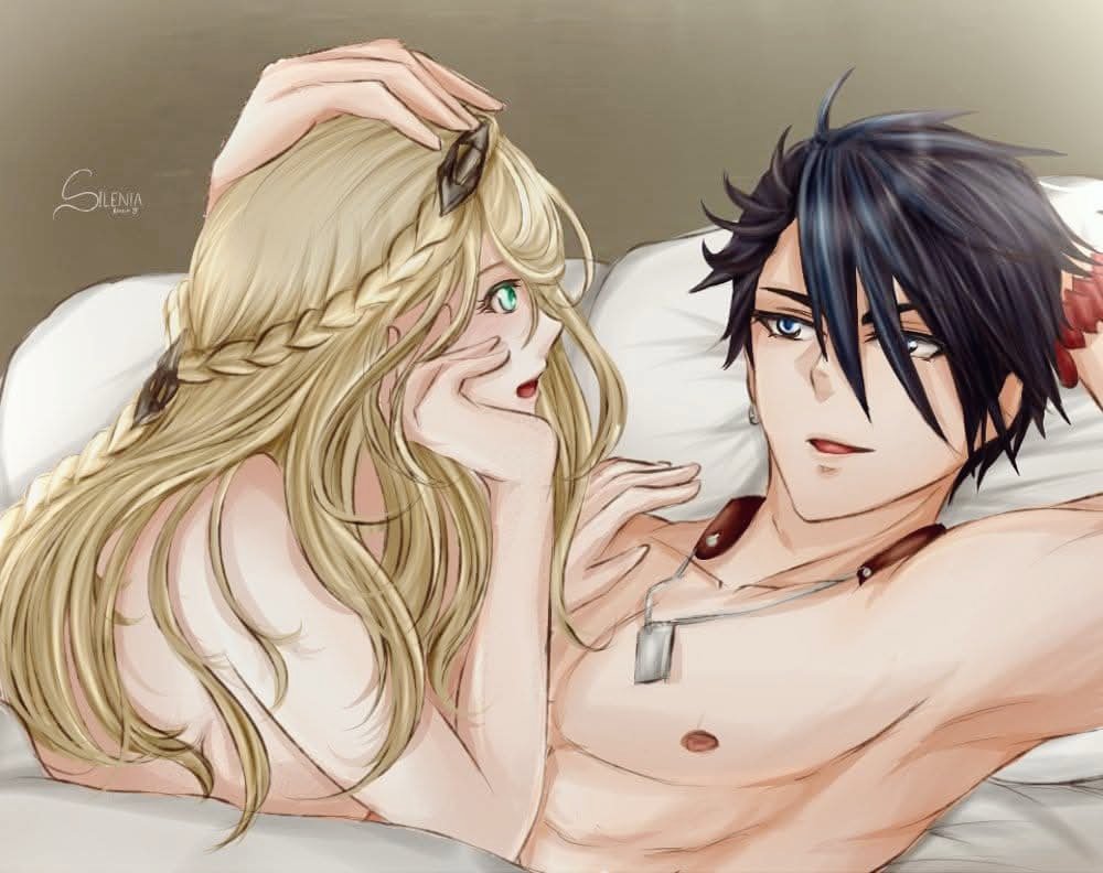 silenia, elaine auclair, van arkride, eiyuu densetsu, kuro no kiseki (series), commentary, english commentary, 1boy, 1girl, artist name, black hair, blanket, blonde hair, blue hair, braid, crown braid, dog tags, ear piercing, hair between eyes, long hair, multicolored hair, muscular, muscular male, nipples, nude, on bed, open mouth, parted bangs, piercing, pillow, short hair, single braid, smile, swept bangs, two-tone hair, wristband
