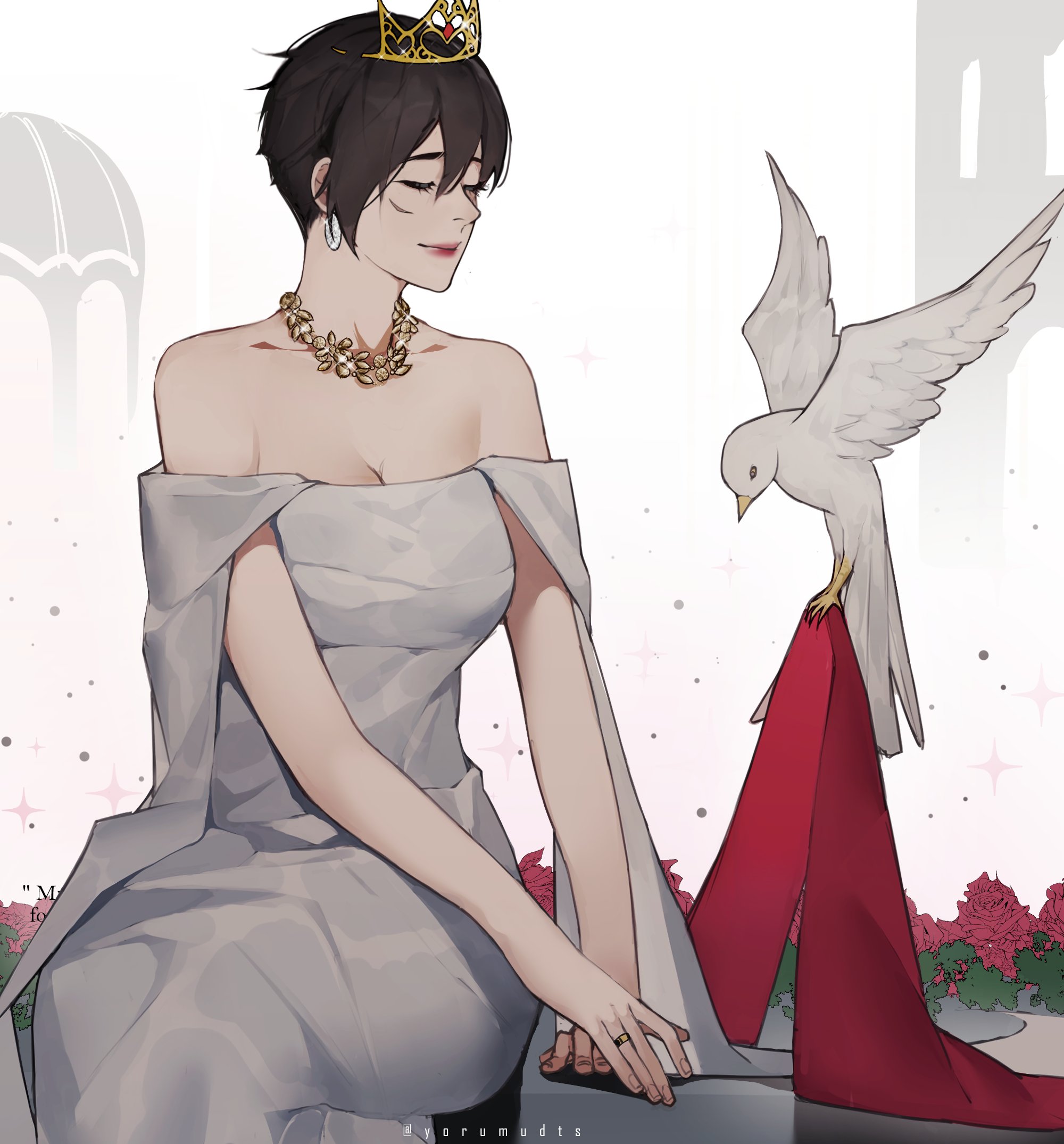 yorumudts, mikasa ackerman, shingeki no kyojin, highres, 1girl, bare shoulders, bird, black hair, breasts, cleavage, closed eyes, closed mouth, collarbone, dress, earrings, facial scar, gem, gold necklace, hair between eyes, jewelry, long dress, medium breasts, necklace, off-shoulder dress, off shoulder, red gemstone, red lips, red scarf, ring, scar, scar on cheek, scar on face, scarf, short hair, sitting, smile, tiara, twitter username, white dress