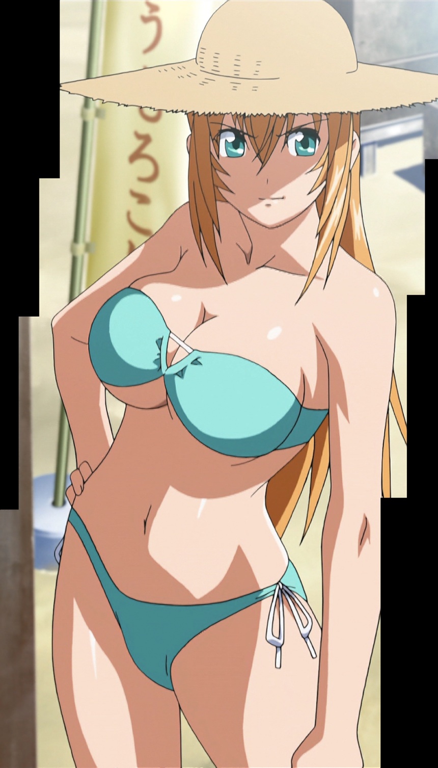 sonsaku hakufu, ikkitousen, ikkitousen great guardians, anime screenshot, highres, stitched, third-party edit, 00s, 1girl, aqua bikini, bandeau, bikini, breasts, female focus, hat, side-tie bikini bottom, solo, straw hat, swimsuit, underboob