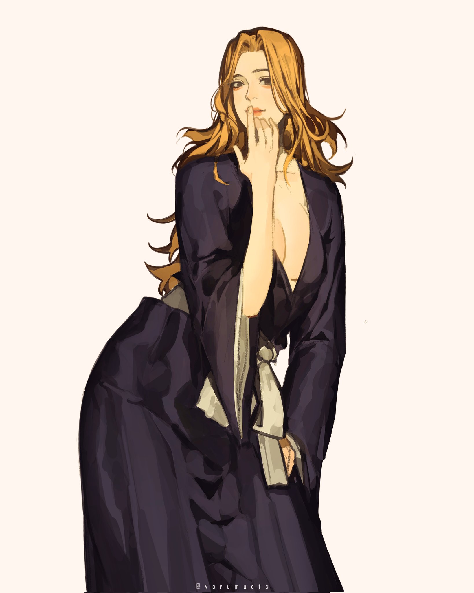 yorumudts, matsumoto rangiku, bleach, highres, 1girl, belt, black kimono, blonde hair, breasts, cleavage, closed mouth, hand to own mouth, japanese clothes, kimono, large breasts, leaning forward, long hair, looking at viewer, parted bangs, plunging neckline, shihakusho, solo, twitter username, white background, white belt, wide sleeves