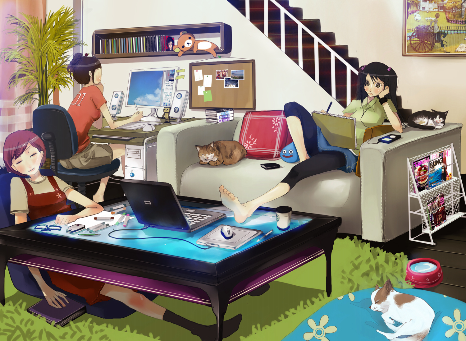 shigureteki, rilakkuma, slime (dragon quest), dragon quest, san-x, 3girls, barefoot, black hair, blush, brown hair, cat, computer, computer keyboard, couch, digital media player, dog, drawing (action), drawing tablet, feet, indoors, ipod, ipod classic, laptop, leggings, long hair, lying, multiple girls, short hair, sleeping, slice of life, slime (creature), socks