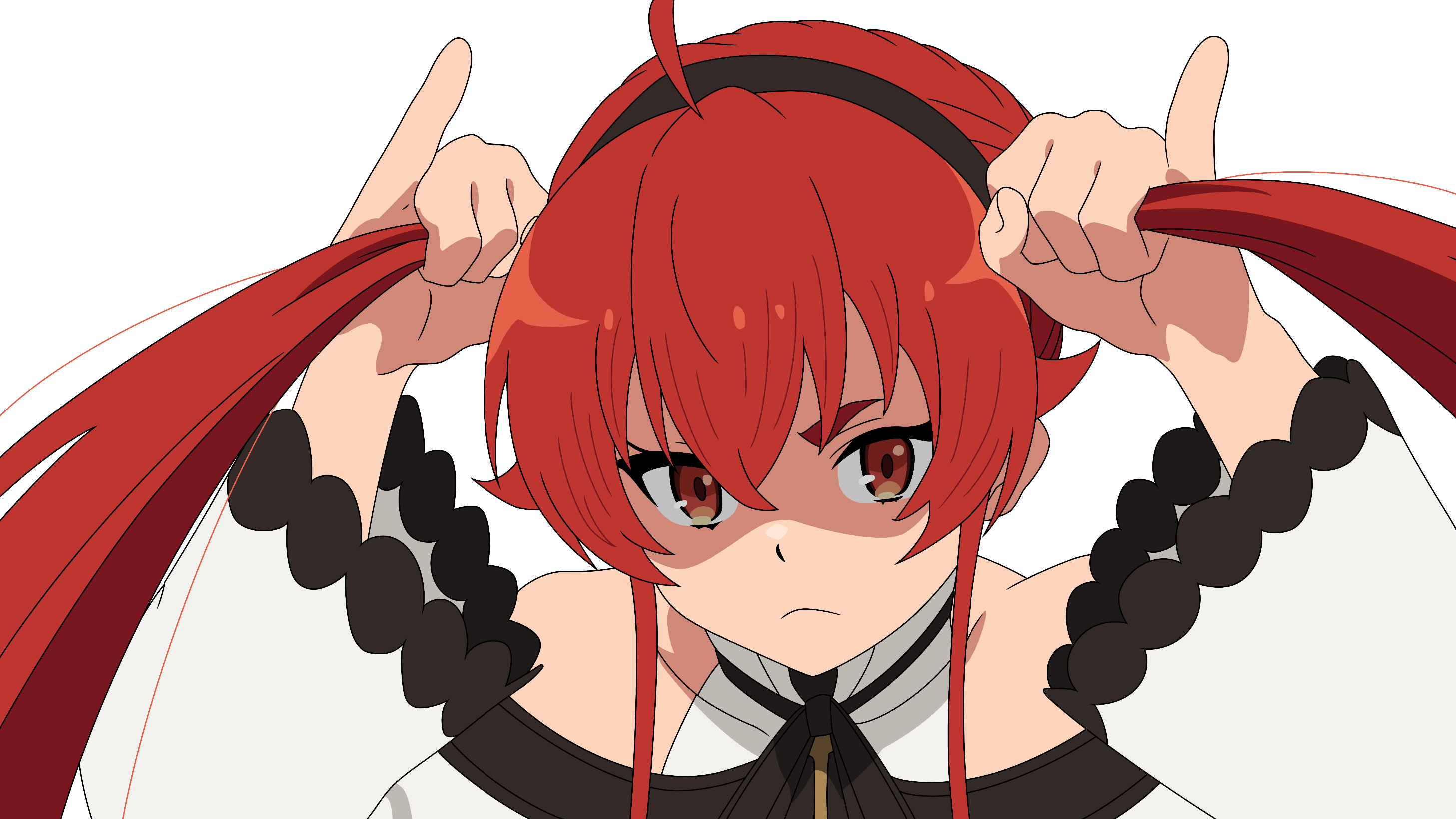 eris greyrat, mushoku tensei, highres, 1girl, alternate hairstyle, annoyed, arms up, bunching hair, grabbing own hair, hairband, holding, holding own hair, long hair, looking at viewer, playing with own hair, red eyes, red hair, shaded face, solo, twintails