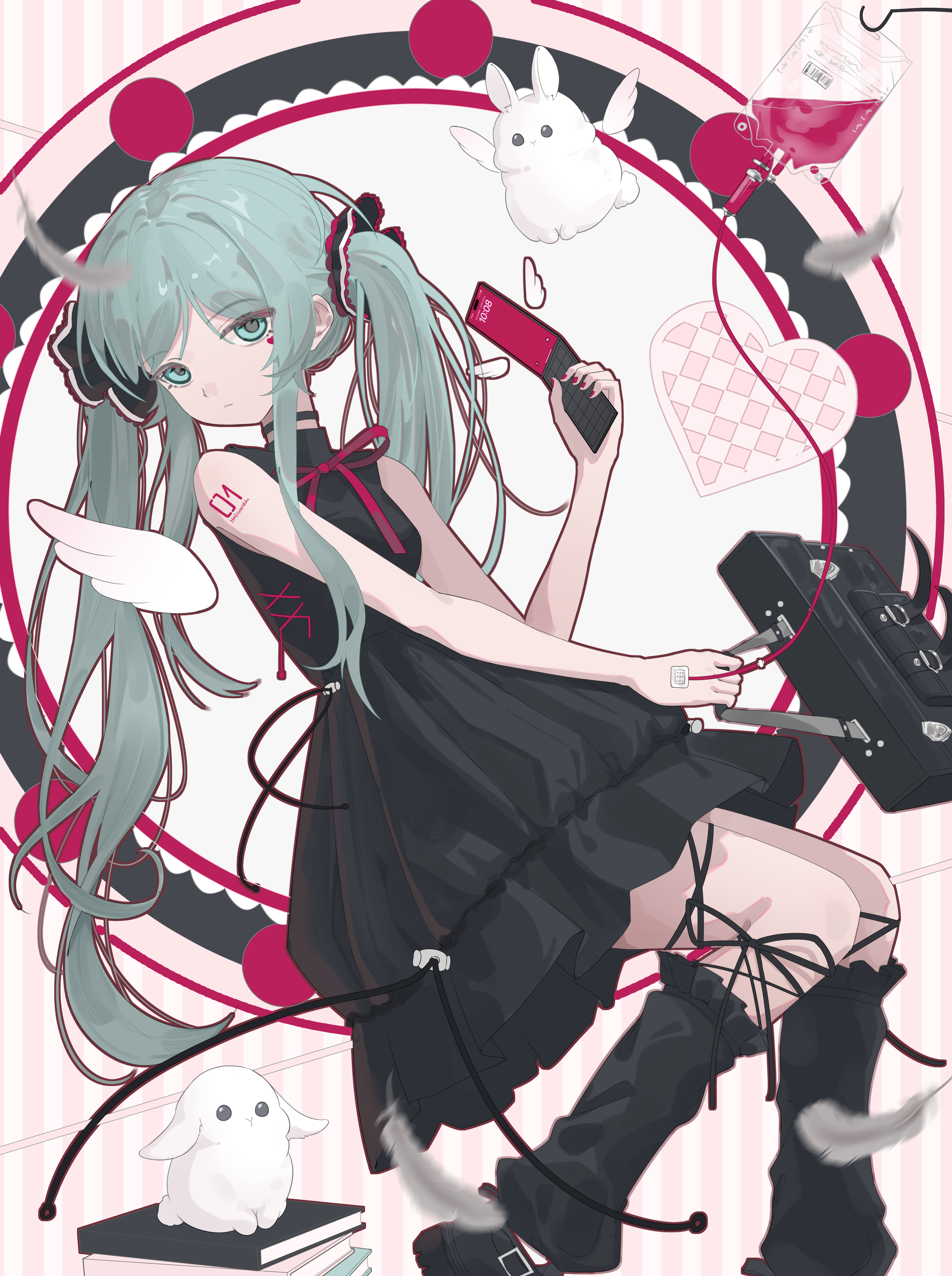 misaki (xxxhackerxxxxx), hatsune miku, vocaloid, absurdres, commentary, highres, 1girl, aqua eyes, aqua hair, black bag, black choker, black dress, black leg warmers, cellphone, choker, closed mouth, dress, facial mark, flip phone, heart, heart facial mark, holding, holding phone, intravenous drip, leg warmers, long hair, looking at viewer, phone, sleeveless, sleeveless dress, solo, twintails