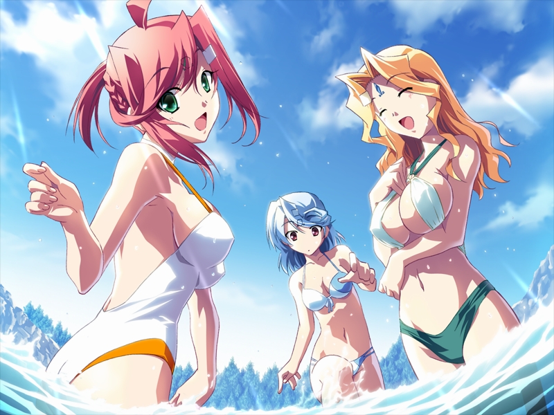 izumi mahiru, r-hinagiku, r-mizubashou, r-shirotsumegusa, r.u.r.u.r, game cg, non-web source, 3girls, ahoge, bare shoulders, bikini, blonde hair, blue hair, braid, breasts, brown eyes, cleavage, closed eyes, cloud, day, facial mark, forehead mark, green eyes, long hair, looking at viewer, medium breasts, multiple girls, navel, one-piece swimsuit, open mouth, red hair, rock, short hair, sideboob, sky, swimsuit, wading, water