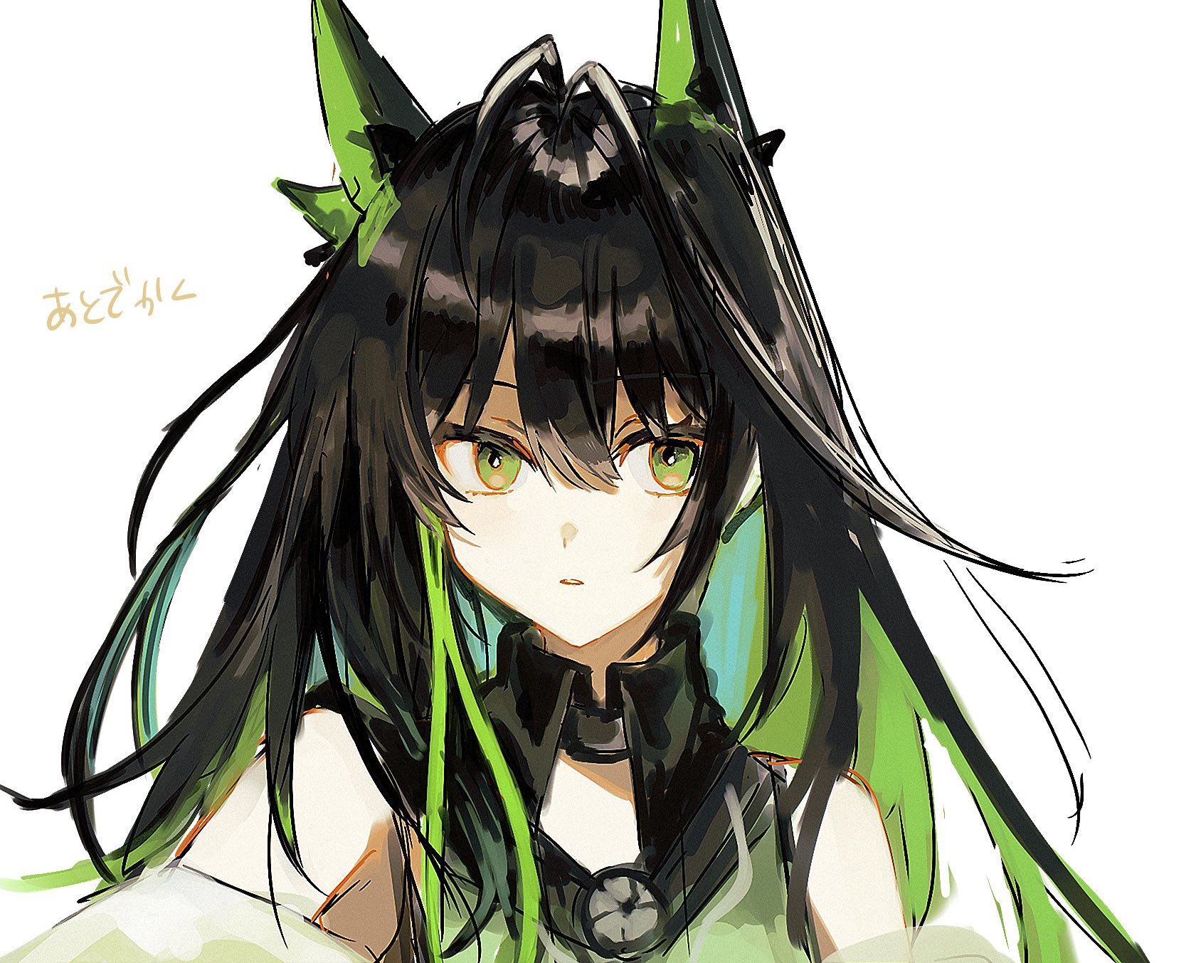 mon3tr (arknights), arknights, highres, 1girl, aqua hair, bare shoulders, black hair, colored inner hair, green eyes, green hair, hair between eyes, long hair, multicolored hair, nktg, off shoulder, parted lips, portrait, simple background, solo, white background