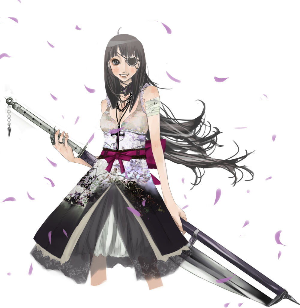 shigureteki, bad id, bad pixiv id, bandages, black hair, dress, eyepatch, jewelry, katana, long hair, necklace, petals, smile, solo, sword, weapon