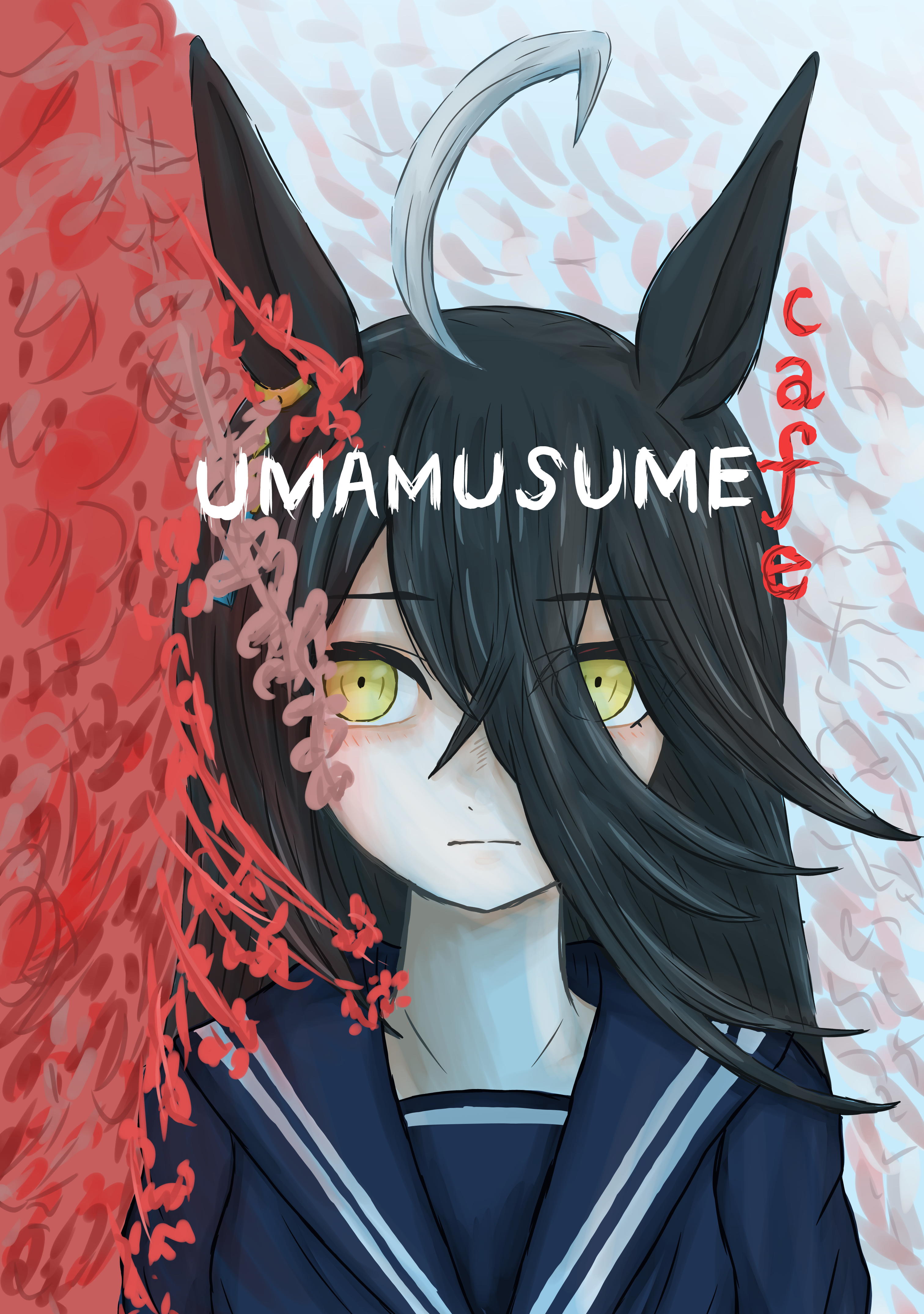 manhattan cafe (umamusume), silent hill (series), silent hill f, umamusume, absurdres, derivative work, highres, video game cover redraw, 1girl, ahoge, animal ears, black shirt, blue sailor collar, character name, closed mouth, copyright name, crossed bangs, expressionless, grey hair, hair between eyes, horse ears, horse girl, kujakucafe, light blush, long bangs, long hair, long hair between eyes, long sleeves, multicolored hair, parody, sailor collar, shirt, solo, very long hair, yellow eyes