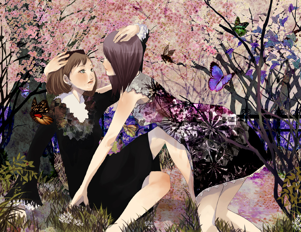 shigureteki, original, 2girls, all fours, arm behind head, blush, brown hair, bug, butterfly, cherry blossoms, dress, eye contact, flower, hand on another's head, insect, long hair, looking at another, multiple girls, short hair, sitting