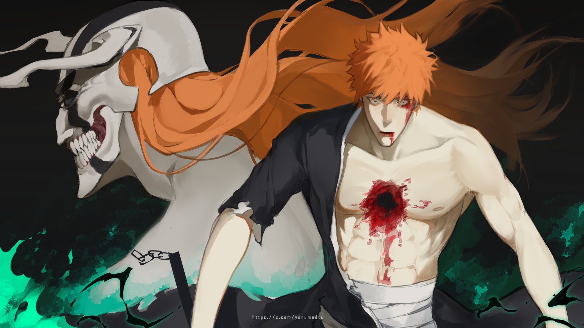 yorumudts, hollow ichigo, kurosaki ichigo, bleach, highres, 1boy, bandaged stomach, black background, black kimono, blood, blood from mouth, blood on chest, blood on face, chain, dual persona, hair between eyes, horns, injury, japanese clothes, kimono, long hair, male focus, multiple views, orange hair, pale skin, shihakusho, short hair, single bare shoulder, spiked hair, teeth, torn clothes, torn kimono, twitter username, upper body, wide-eyed