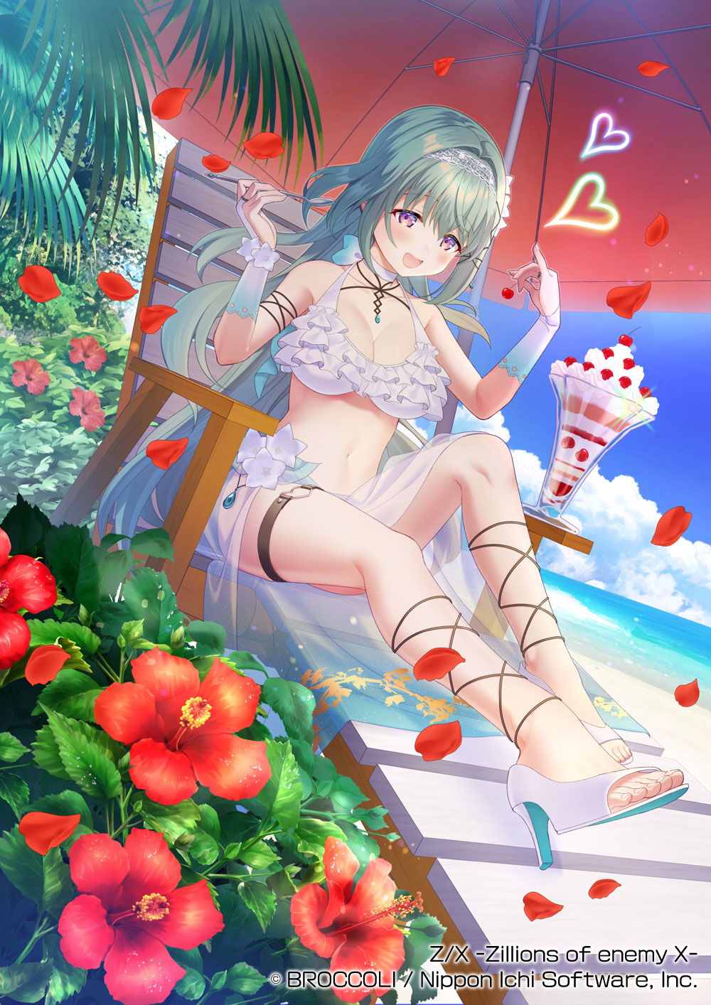okanoyuno, enju (z/x), z/x, highres, official art, 1girl, beach, beach chair, bikini, blue sky, breasts, chair, cleavage, cloud, cloudy sky, copyright notice, flower, food, frilled bikini, frills, green hair, hair ornament, hibiscus, high heels, holding, holding cherry, holding spoon, jewelry, large breasts, long hair, navel, necklace, ocean, on chair, open mouth, parasol, parfait, petals, purple eyes, sandals, sky, solo, spoon, swimsuit, thigh strap, umbrella, white bikini