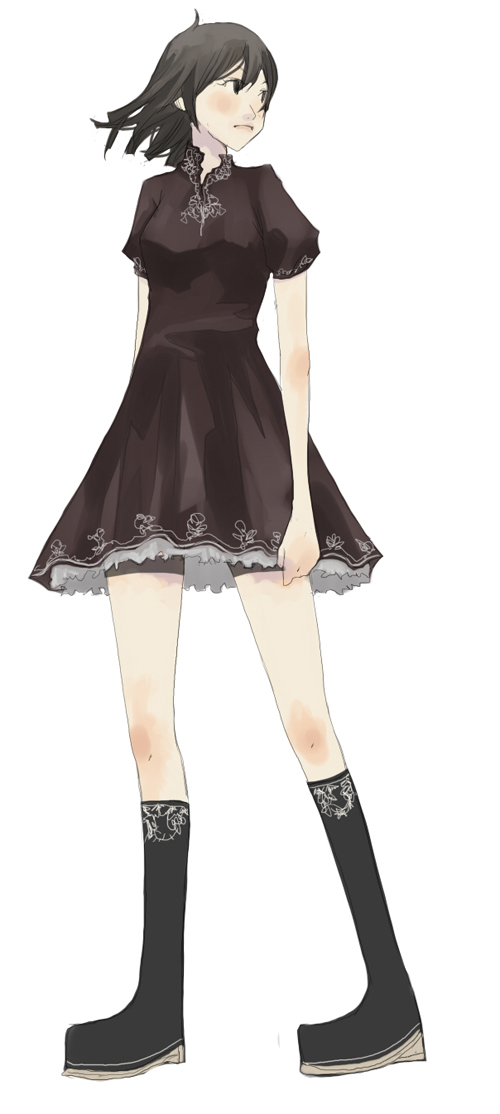 shigureteki, bad id, bad pixiv id, black hair, blush, boots, dress, legs, short hair, solo
