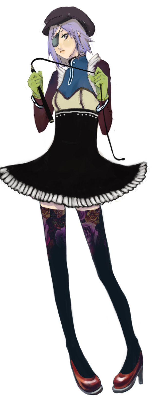 shigureteki, original, bad id, bad pixiv id, highres, dress, eyepatch, gloves, hat, legs, purple hair, short hair, solo, thighhighs, whip