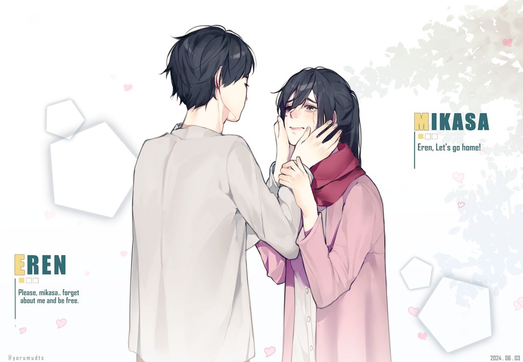 yorumudts, eren yeager, mikasa ackerman, shingeki no kyojin, 1boy, 1girl, black hair, cardigan, character name, couple, crying, dated, dress, english text, facial scar, hair between eyes, hands on own cheeks, hands on own face, hetero, holding another's wrist, long hair, looking at another, pink cardigan, ponytail, red scarf, scar, scar on cheek, scar on face, scarf, shirt, short hair, tears, twitter username, upper body, white dress, white shirt