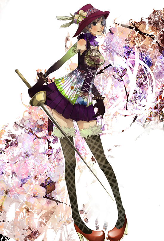 shigureteki, original, silver hair, 1girl, bare shoulders, blush, corset, detached sleeves, female focus, flower, hat, legs, pigeon-toed, rapier, short hair, skirt, smile, solo, standing, sword, thighhighs, weapon, zettai ryouiki