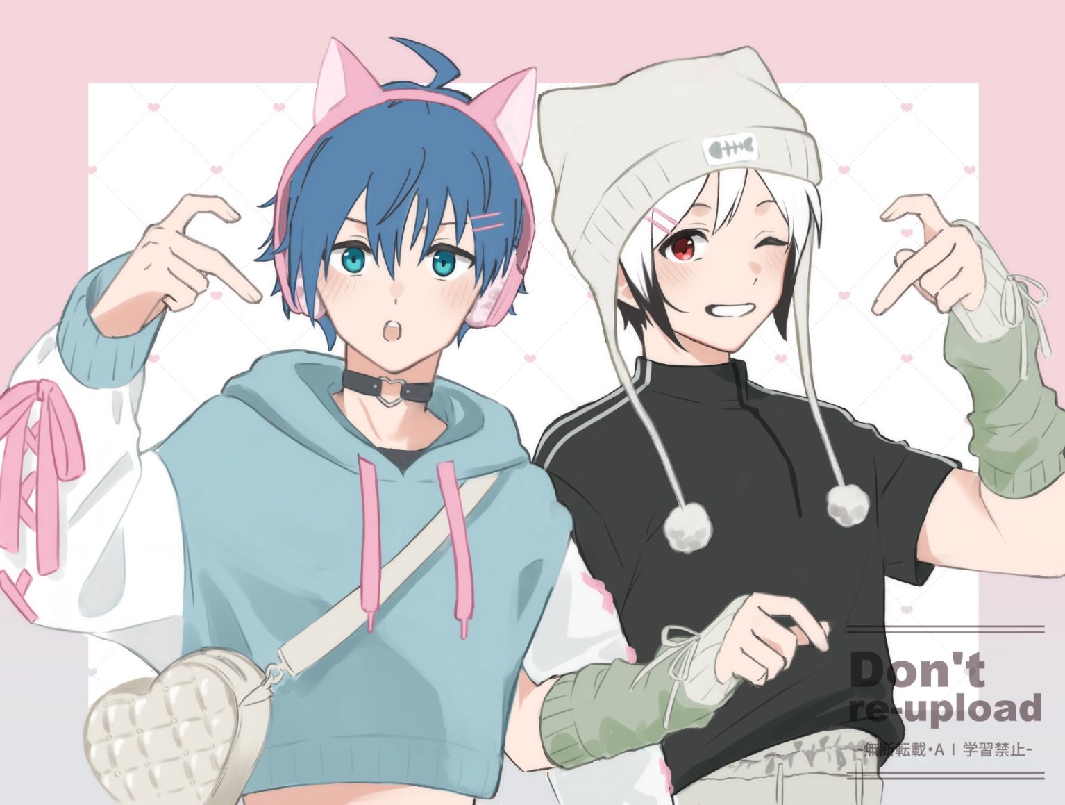 amamine shu, kitamura sora, idolmaster, idolmaster side-m, 2boys, :o, animal ear headphones, animal ear headwear, animal ears, choker, colored tips, crop top, fake animal ears, grin, hair ornament, hairpin, half-heart hands, headphones, heart, heart choker, locked arms, male focus, memo ri 2, multicolored hair, multiple boys, one eye closed, short hair, smile, upper body, watermark, white hair