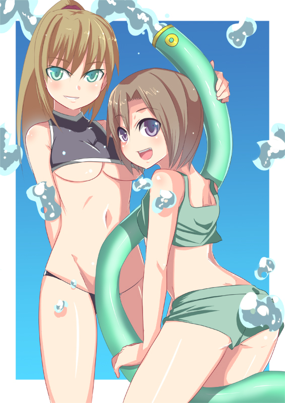 johnny funamushi, original, 2girls, bikini, breasts, brown hair, green eyes, multiple girls, navel, ponytail, purple eyes, short hair, swimsuit, underboob, water