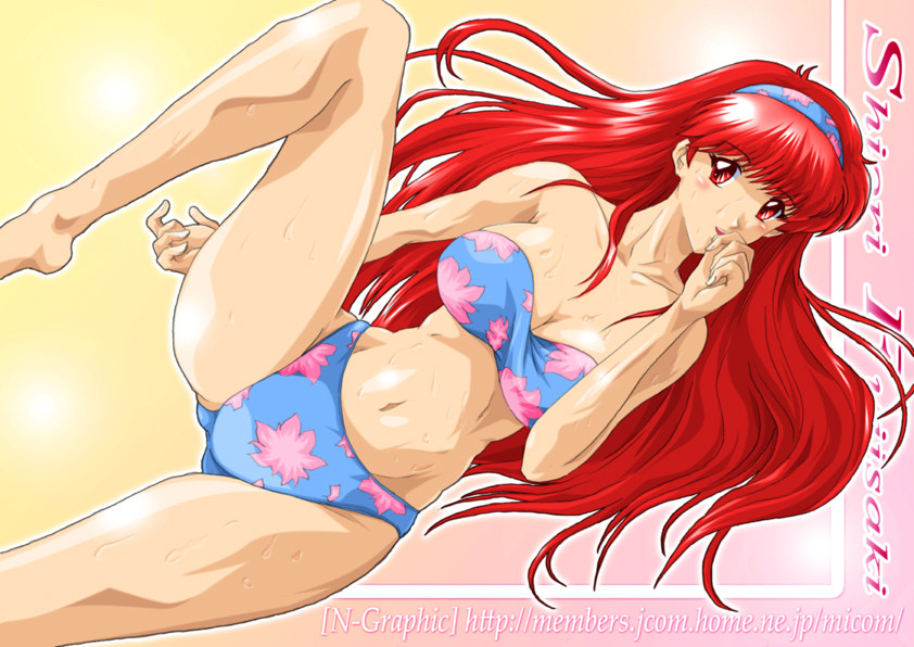 fujisaki shiori, konami, tokimeki memorial, tokimeki memorial 1, 1girl, barefoot, bikini, blue bikini, female focus, hairband, long hair, red eyes, red hair, solo, spread legs, swimsuit, wet
