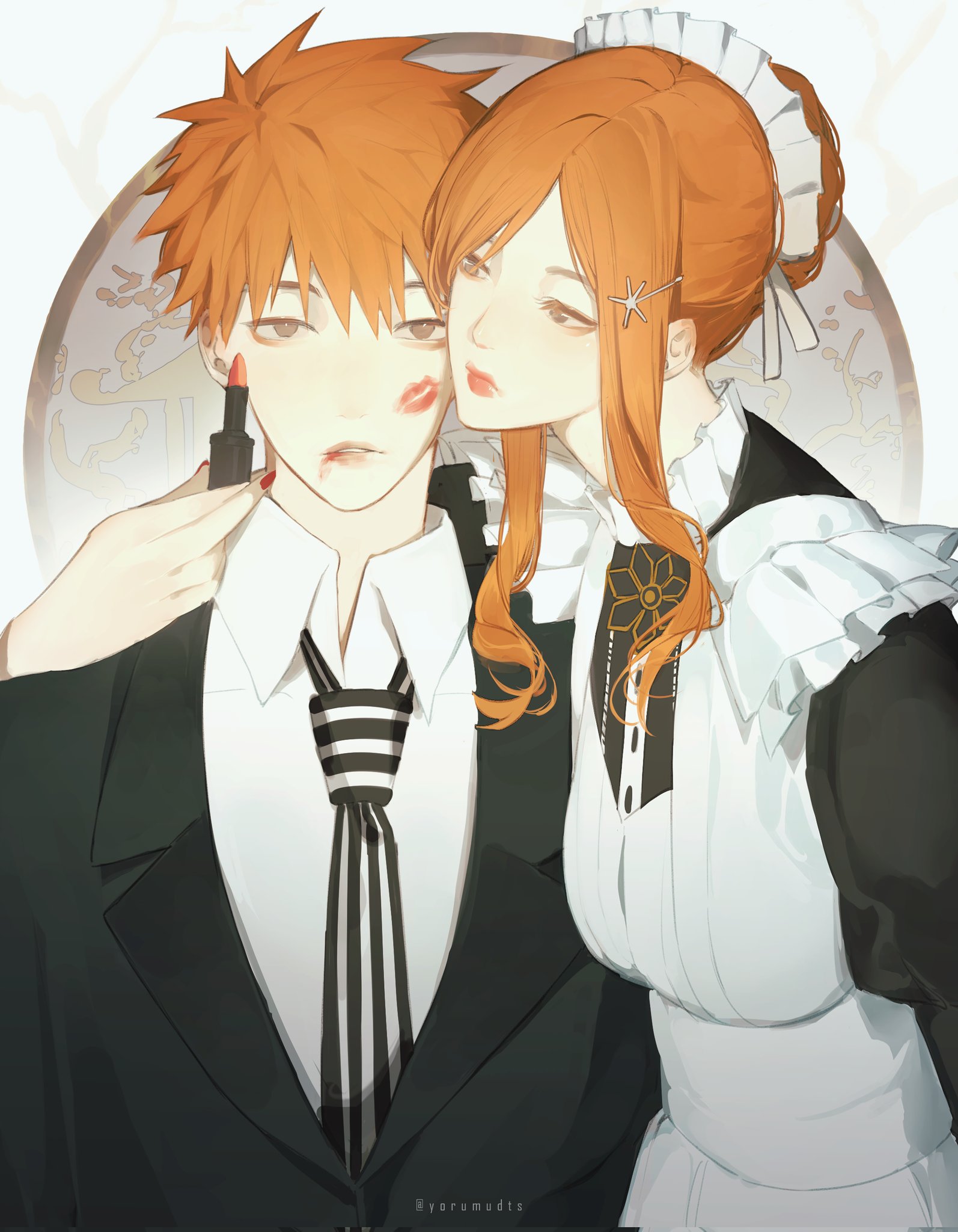 yorumudts, inoue orihime, kurosaki ichigo, bleach, highres, 1boy, 1girl, alternate costume, apron, arm around neck, black dress, black jacket, black suit, breasts, collared shirt, cosmetics, couple, dress, formal clothes, frilled apron, frills, grey hair, hair between eyes, hair bun, hair ornament, hetero, holding, holding lipstick tube, jacket, juliet sleeves, lipstick mark, lipstick tube, long hair, long sleeves, looking at viewer, maid, maid apron, maid headdress, medium breasts, nail polish, necktie, orange hair, parted bangs, puffy sleeves, red lips, red nails, shirt, short hair, sidelocks, snowflake hair ornament, spiked hair, striped necktie, suit, suit jacket, twitter username, upper body, white shirt