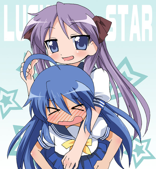 hiiragi kagami, izumi konata, lucky star, 00s, 2girls, blue eyes, blue hair, blush, green eyes, long hair, mole, mole under eye, multiple girls, purple hair, school uniform, serafuku, twintails, yuri