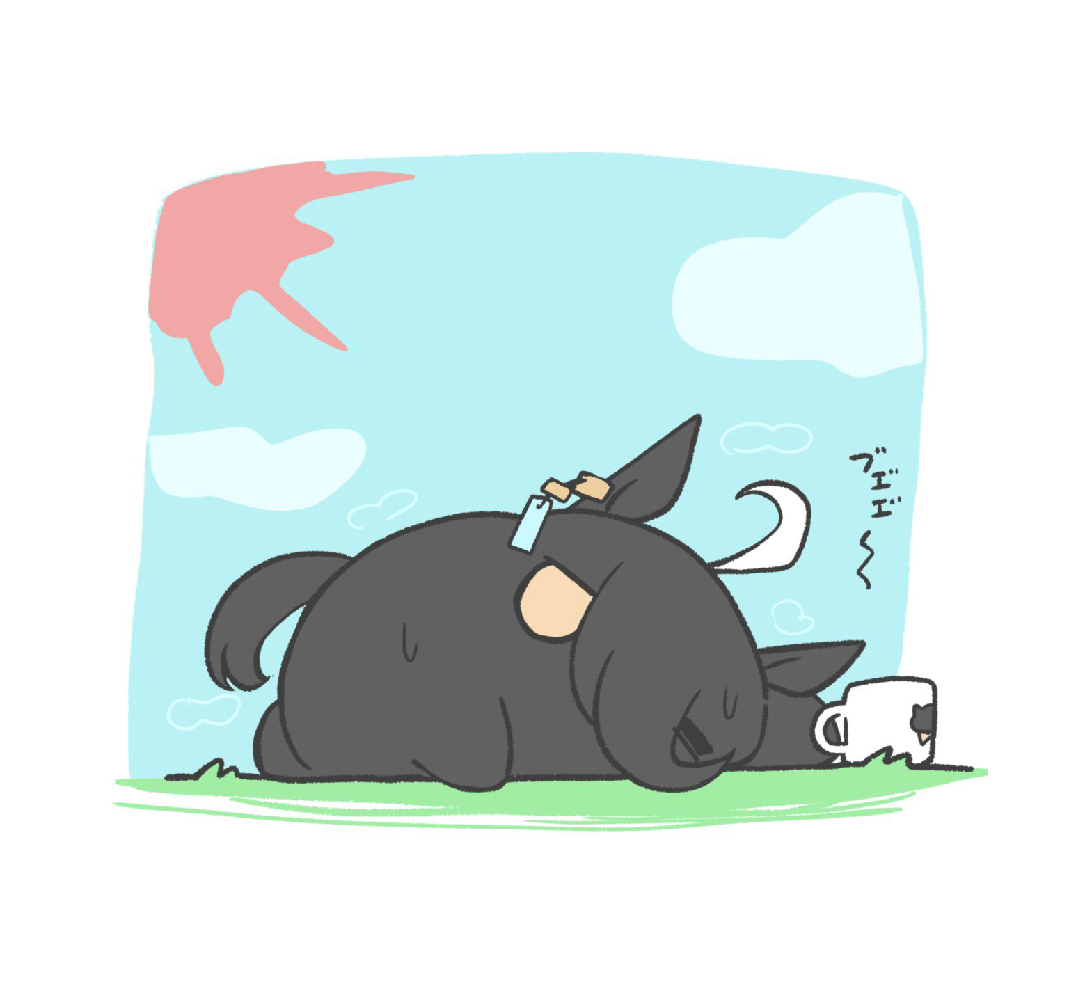kawamochi (tddm3573), manhattan cafe (umamusume), umamusume, highres, translation request, ahoge, animal ears, black hair, blue sky, brown eyes, cloud, cup, day, horse ears, horse tail, hot, mug, on grass, one eye closed, sky, solo, sun, tail, white hair