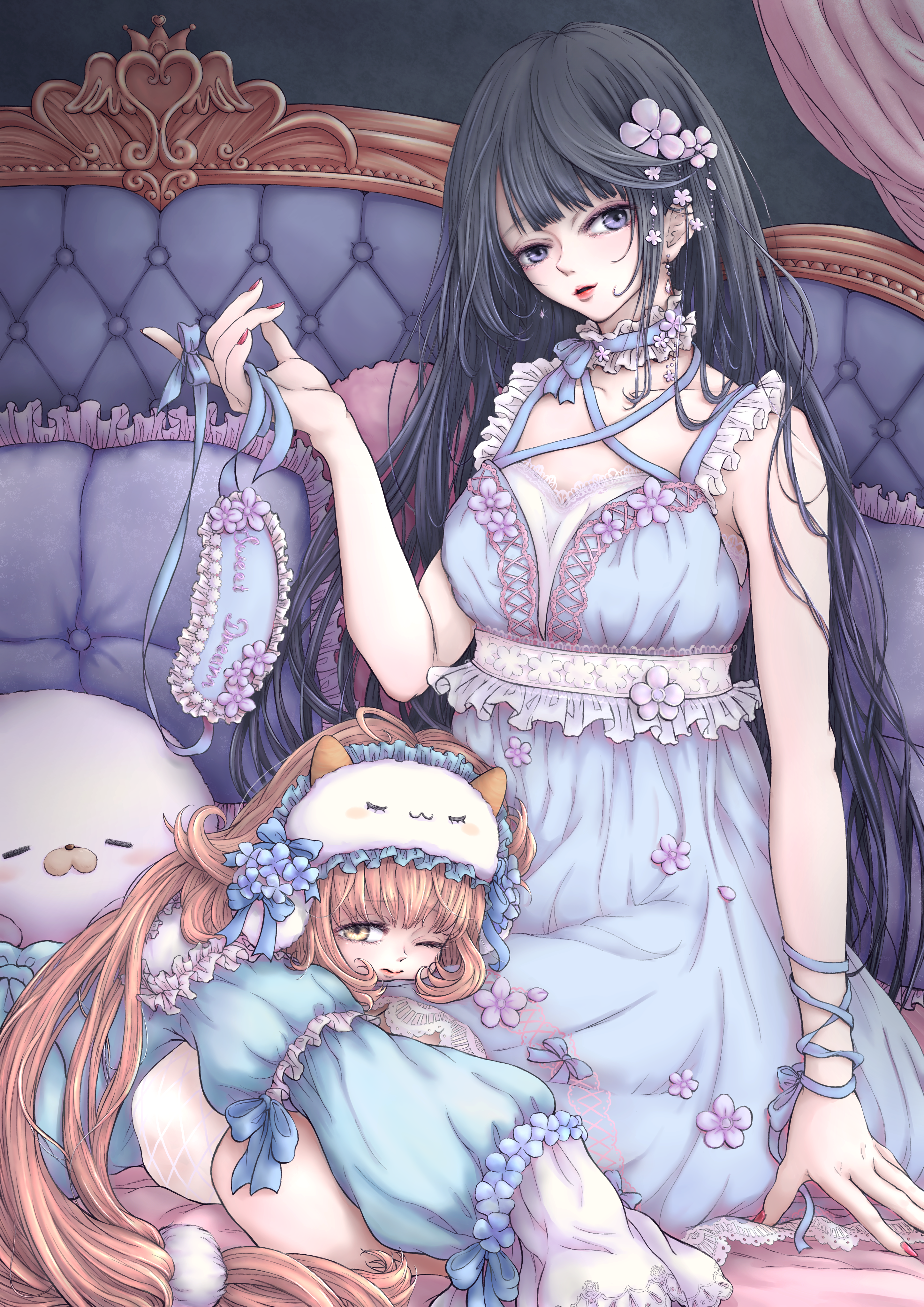 lilith (shining nikki), nikki (series), shining nikki, absurdres, highres, 2girls, an (tsubu td), bare shoulders, bedroom, black hair, blue bow, blue choker, blue dress, blue flower, blue mask, blue ribbon, blunt bangs, bow, bow choker, choker, closed mouth, clothes writing, collarbone, cowboy shot, criss-cross straps, curtains, dress, dress flower, expressionless, feet out of frame, floral print, flower, frilled choker, frilled dress, frills, hair flower, hair ornament, head tilt, holding, holding mask, indoors, kneeling, lace, lace-trimmed dress, lace trim, lap pillow, layered sleeves, light blush, lipstick, long hair, long sleeves, lying, makeup, mask, mask on head, multiple girls, nail polish, nightgown, on bed, on stomach, one eye closed, orange hair, parted lips, peppermint (shining nikki), pillow, pink lips, puffy long sleeves, puffy sleeves, purple eyes, purple flower, red lips, red nails, ribbon, short dress, short over long sleeves, short sleeves, sitting, sleep mask, sleeveless, sleeveless dress, sleeves past fingers, sleeves past wrists, smile, stuffed animal, stuffed seal, stuffed toy, telosma's kiss (shining nikki), very long hair, white mask, white sleeves, wrist bow, wrist ribbon, yellow eyes