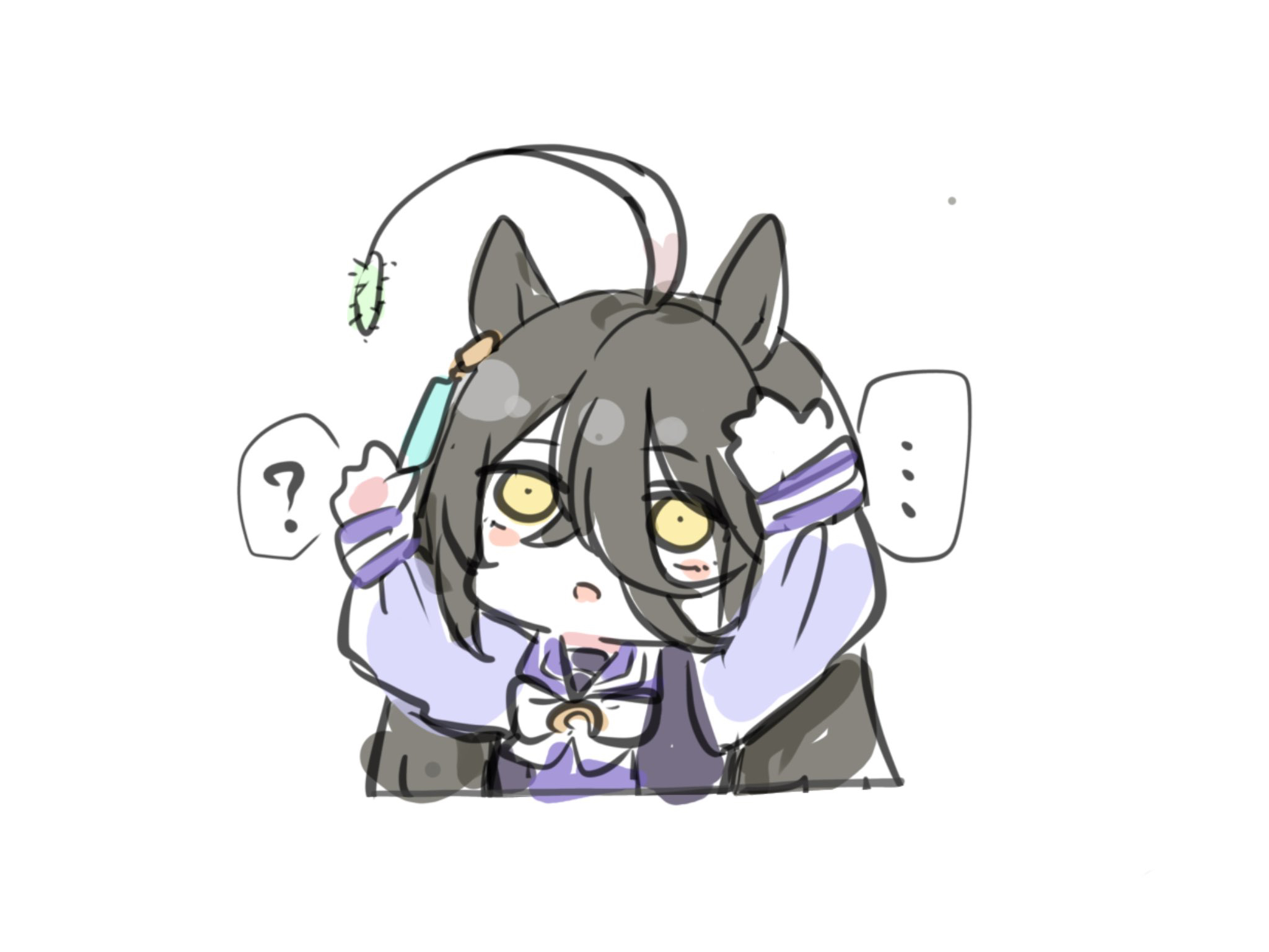 kawamochi (tddm3573), manhattan cafe (umamusume), umamusume, highres, …, 1girl, ?, ahoge, animal ears, arms up, black hair, blush stickers, bow, cropped torso, hair between eyes, horse ears, long sleeves, multicolored hair, parted lips, puffy long sleeves, puffy sleeves, purple shirt, school uniform, shirt, sketch, sleeves past wrists, solo, spoken ellipsis, spoken question mark, tracen school uniform, two-tone hair, upper body, white bow, white hair, yellow eyes