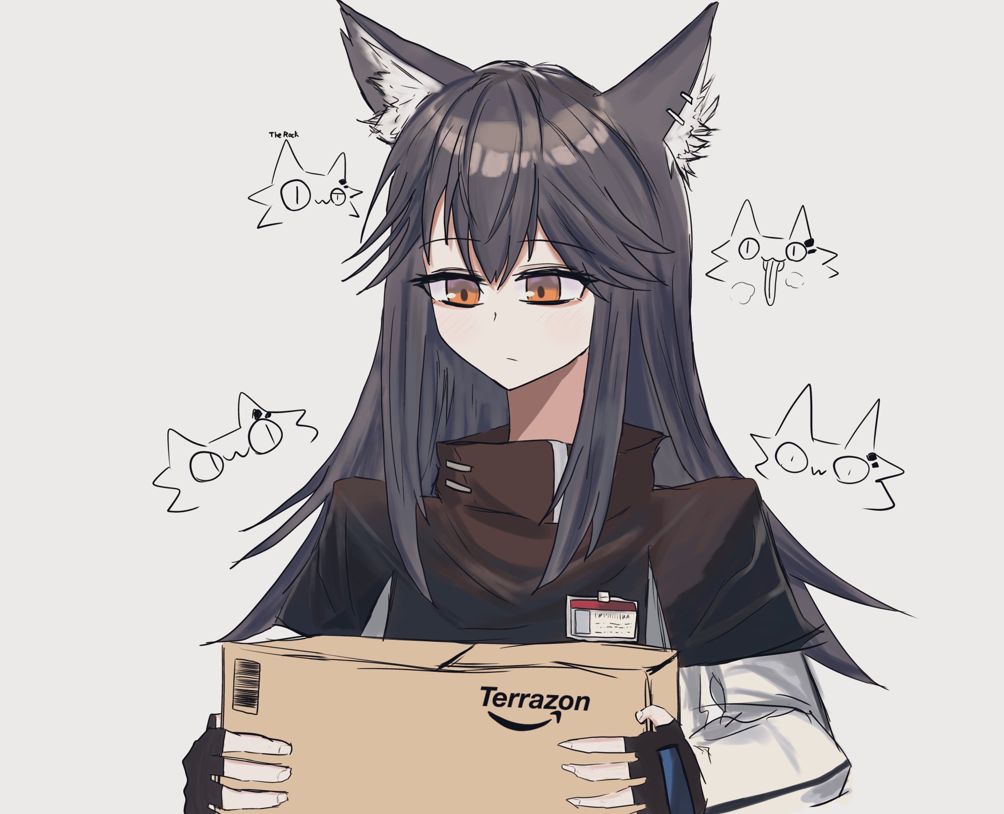 texas (arknights), amazon (company), arknights, highres, 1girl, animal ear fluff, animal ear piercing, animal ears, black capelet, black gloves, black hair, box, brand name imitation, capelet, cardboard box, closed mouth, fingerless gloves, fingernails, gloves, grey background, grey jacket, hair between eyes, holding, holding box, jacket, long hair, long sleeves, mirinkoronba2, orange eyes, simple background, solo, upper body, wolf ears, wolf girl
