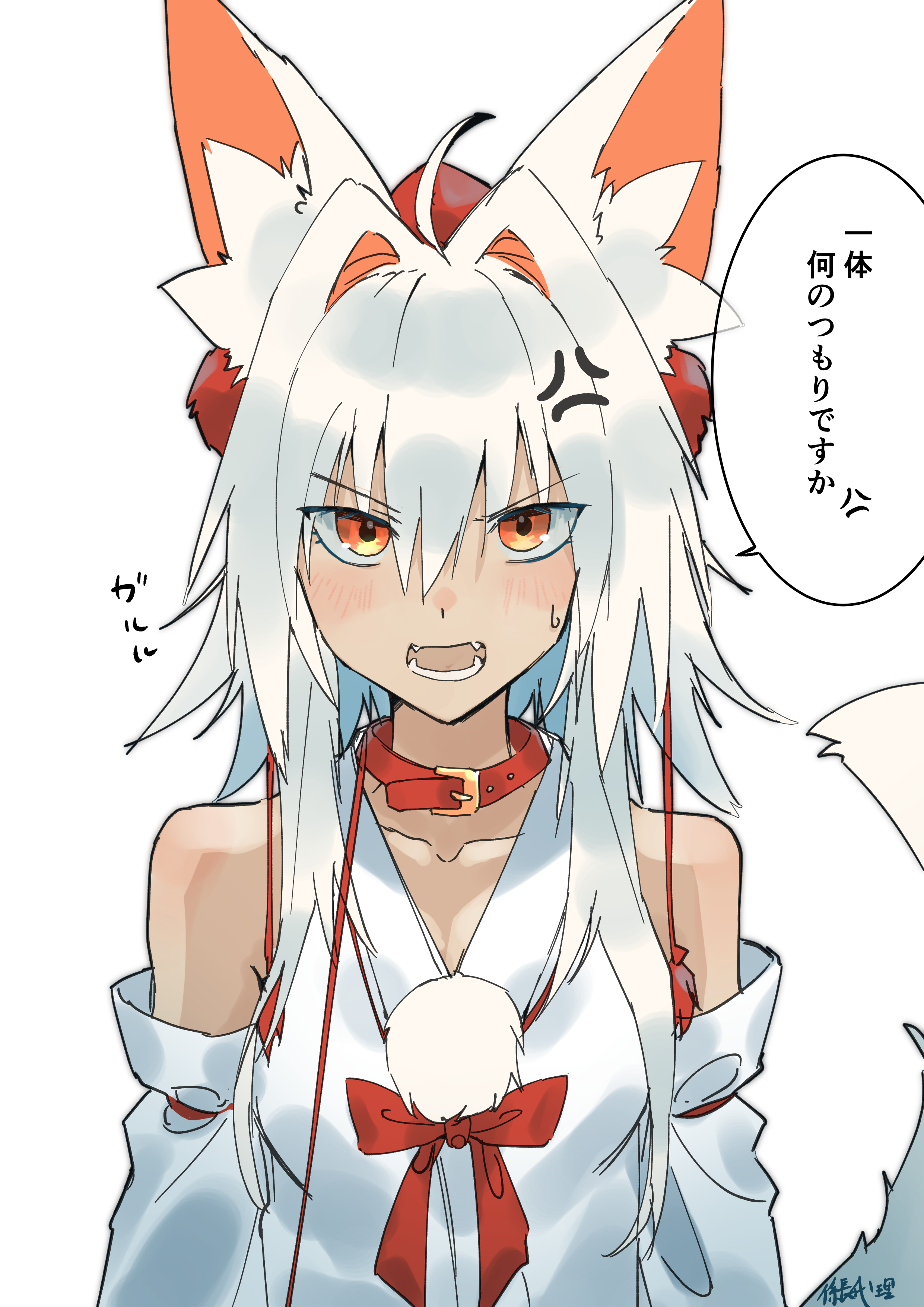 kakaricho dairi, inubashiri momiji, touhou, absurdres, commentary request, highres, translation request, 1girl, ahoge, anger vein, angry, animal collar, animal ear fluff, animal ears, artist name, blush, breasts, cleavage, collar, collarbone, detached sleeves, grey hair, hat, looking at viewer, open mouth, orange eyes, pom pom (clothes), red collar, red hat, simple background, solo, speech bubble, sweatdrop, tokin hat, white background, wolf ears, wolf girl