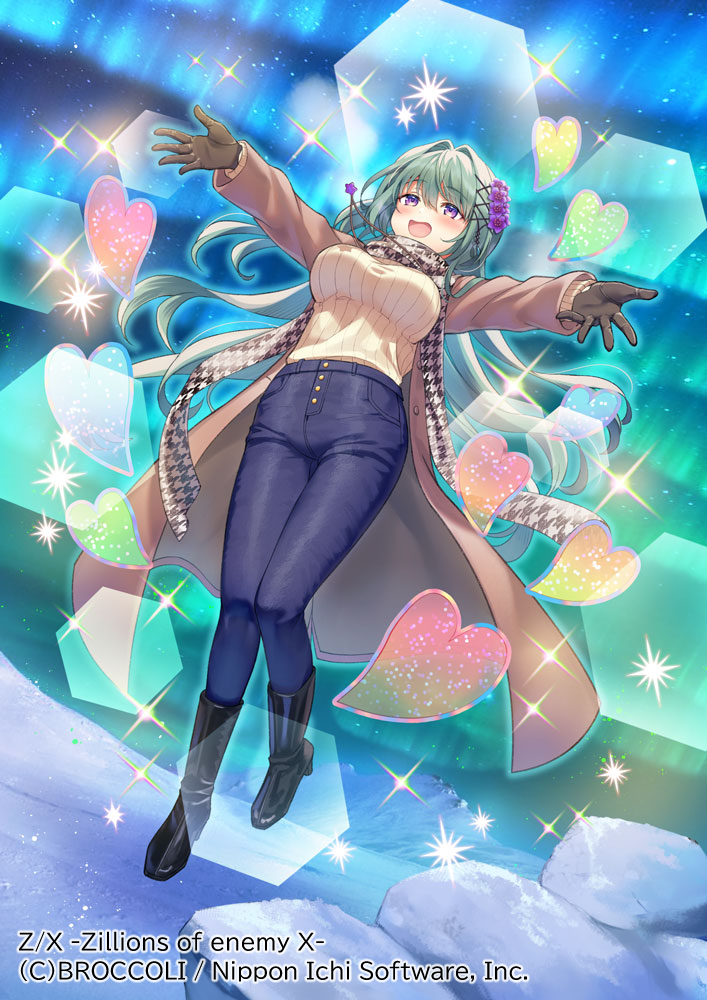 okanoyuno, enju (z/x), z/x, official art, 1girl, antarctica, aurora, black boots, black gloves, boots, brown coat, coat, copyright notice, denim, flower, gloves, green hair, hair flower, hair ornament, heart, jeans, jewelry, long hair, necklace, night, night sky, open clothes, open coat, open mouth, outdoors, outstretched arms, pants, purple eyes, ribbed sweater, scarf, sky, solo, sparkle, sweater, very long hair, winter, yellow sweater