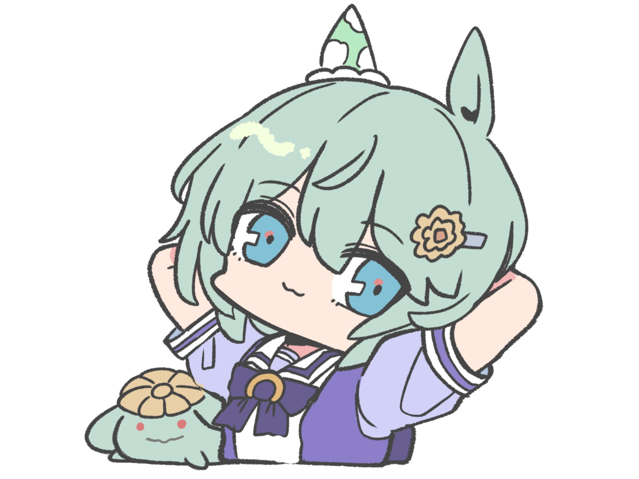 kawamochi (tddm3573), seiun sky (umamusume), skiploom, nintendo, pokemon, umamusume, highres, 1girl, :3, animal ears, arms behind head, arms up, blue eyes, bow, brown flower, closed mouth, cropped torso, crossover, flower, gen 2 pokemon, green hair, hair between eyes, hair flower, hair ornament, hairclip, horse ears, looking at viewer, pokemon (creature), puffy short sleeves, puffy sleeves, purple bow, purple shirt, red eyes, school uniform, shirt, short sleeves, simple background, solo focus, tracen school uniform, white background