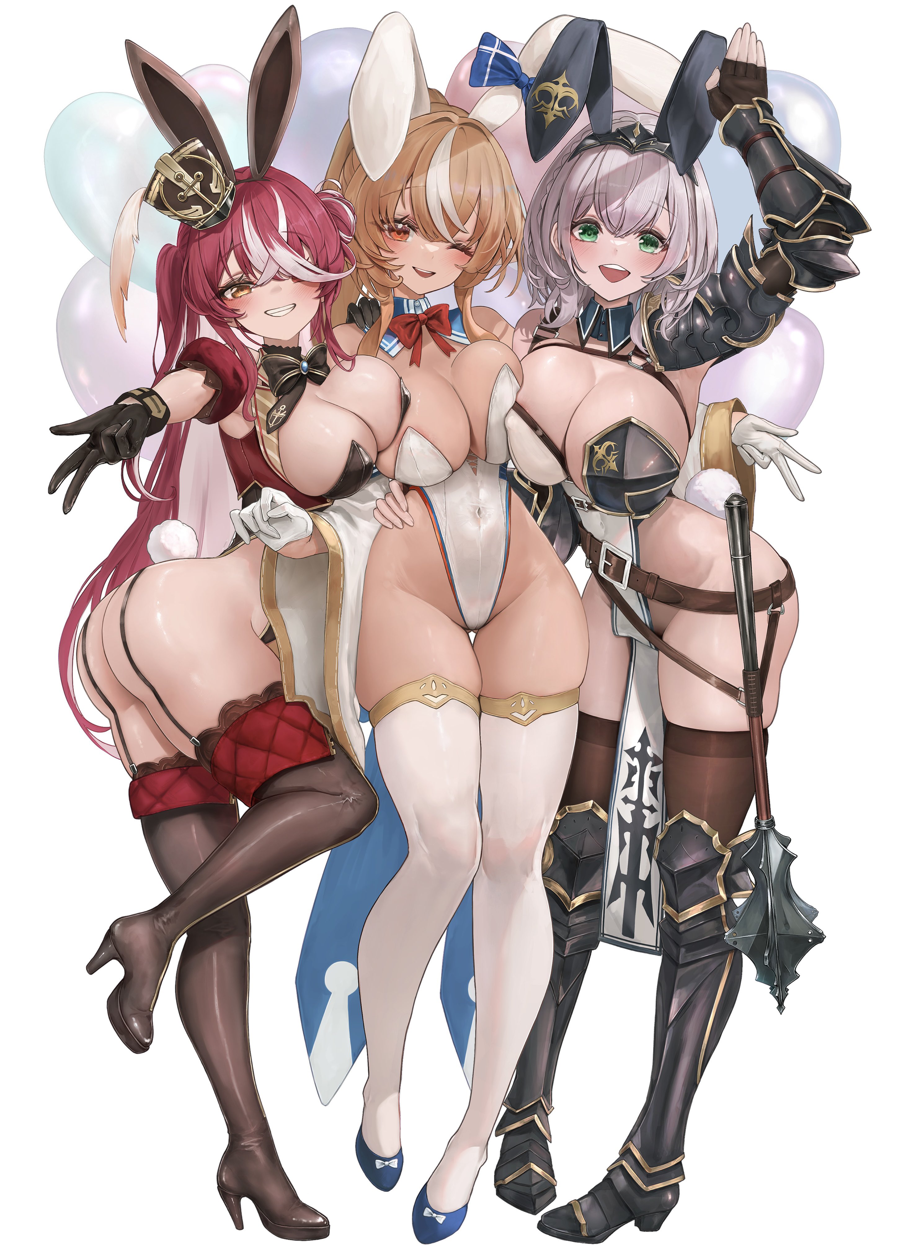 maison de cante, houshou marine, houshou marine (marching band), shiranui flare, shiranui flare (1st costume), shirogane noel, shirogane noel (1st costume), hololive, absurdres, commentary request, highres, 3girls, :d, ;d, adapted costume, animal ear hairband, animal ears, balloon, black boots, black bow, black bowtie, black gloves, black leotard, black thighhighs, blonde hair, blush, boots, bow, bowtie, braid, breast press, breasts, cleavage, covered navel, crossed bangs, dark-skinned female, dark elf, dark skin, detached sleeves, elf, fake animal ears, fake tail, fingerless gloves, full body, garter straps, gloves, gold trim, green eyes, grey hair, grin, hair between eyes, hair bun, hairband, half gloves, hat, heart balloon, large breasts, leotard, long hair, looking at viewer, medium hair, mini hat, multicolored hair, multiple girls, official alternate hairstyle, one eye closed, one side up, open mouth, pelvic curtain, playboy bunny, pointy ears, ponytail, puffy detached sleeves, puffy short sleeves, puffy sleeves, rabbit ear hairband, rabbit ears, rabbit tail, red eyes, shako cap, short sleeves, side up bun, simple background, smile, standing, streaked hair, tail, thigh boots, thighhighs, tilted headwear, very long hair, virtual youtuber, wavy hair, white background, white gloves, white hair, white leotard, white thighhighs, wide sleeves